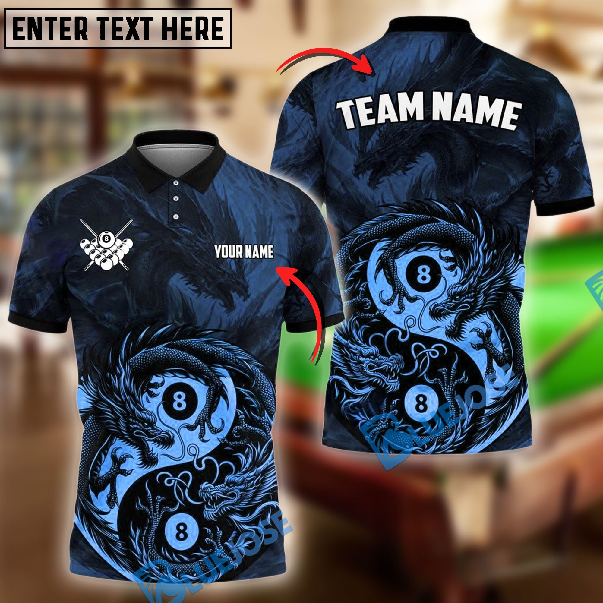 BlueJose Billiards Yin And Yang Ball 8 Dragon Personalized Name Shirt (4 Colors)