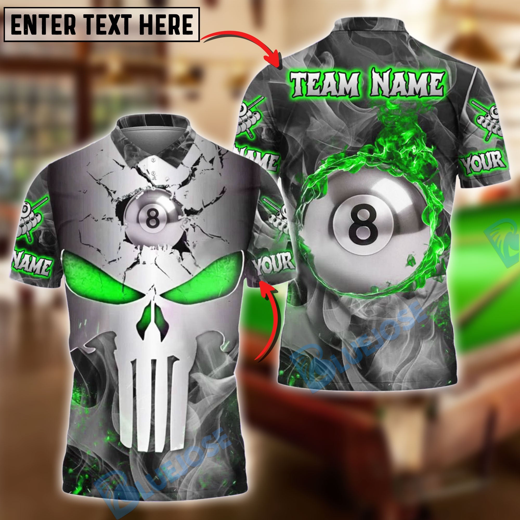 BlueJose Billiards 8 Ball Punisher Skull Metal Fire Personalized Name, Team Name Unisex Shirt (4 Colors)