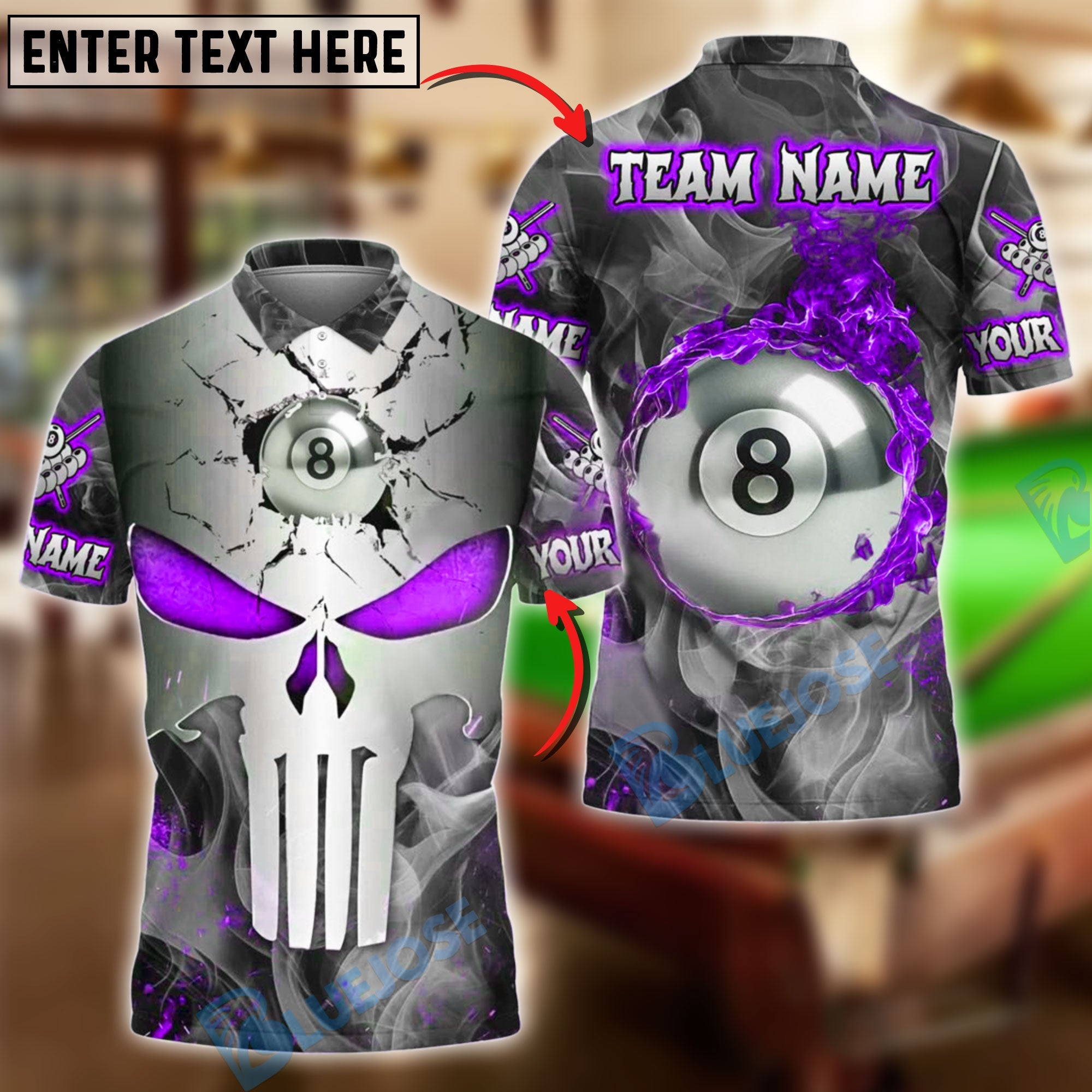 BlueJose Billiards 8 Ball Punisher Skull Metal Fire Personalized Name, Team Name Unisex Shirt (4 Colors)