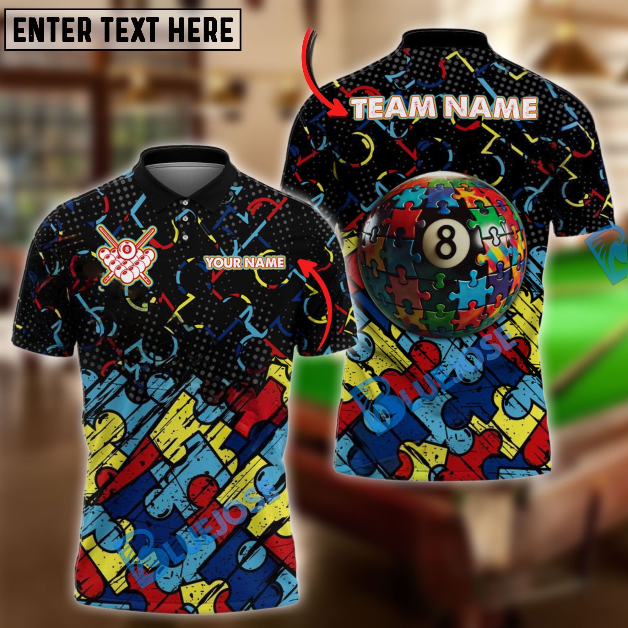 BlueJose Billiards Ball 8 Autism Awareness Puzzle Customized Name, Team Name 3D Shirt