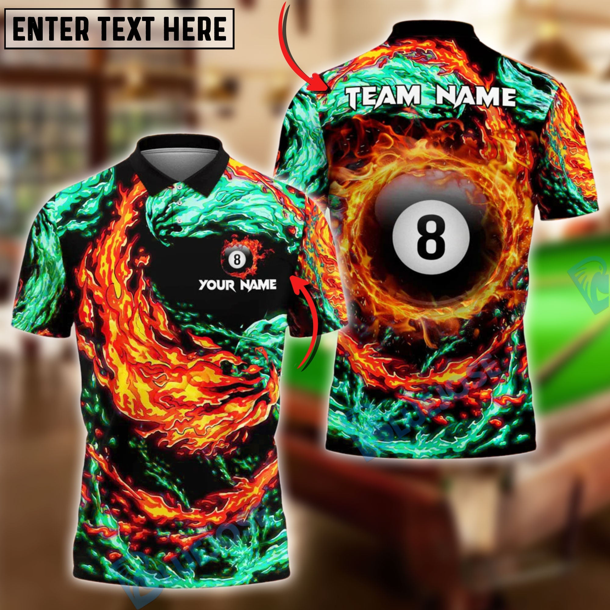 BlueJose Billiards 8 Ball Double Firestorm Personalized Name Shirt (4 Colors)