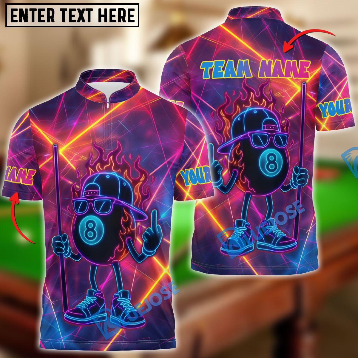 BlueJose Billiards Neon 8-Ball Pool King Personalized Name, Team Name Unisex Shirt