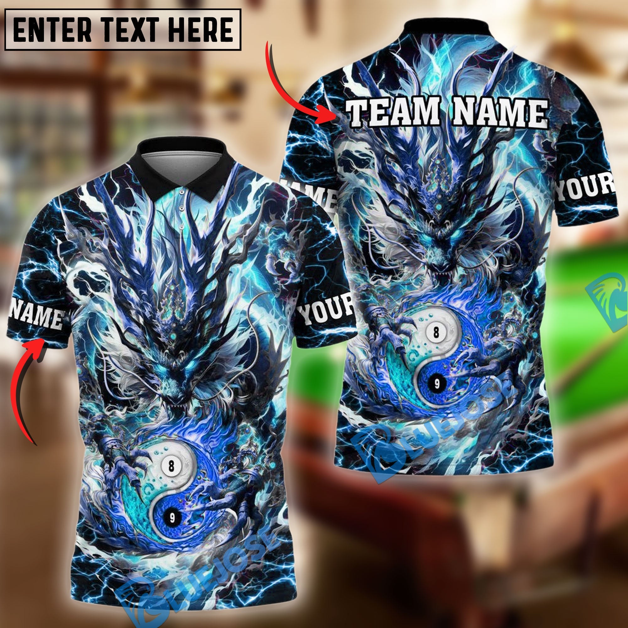 BlueJose Billiards Ball 8&9 Yin Yang Mystic Storm Dragon Personalized Name Shirt (4 Colors)