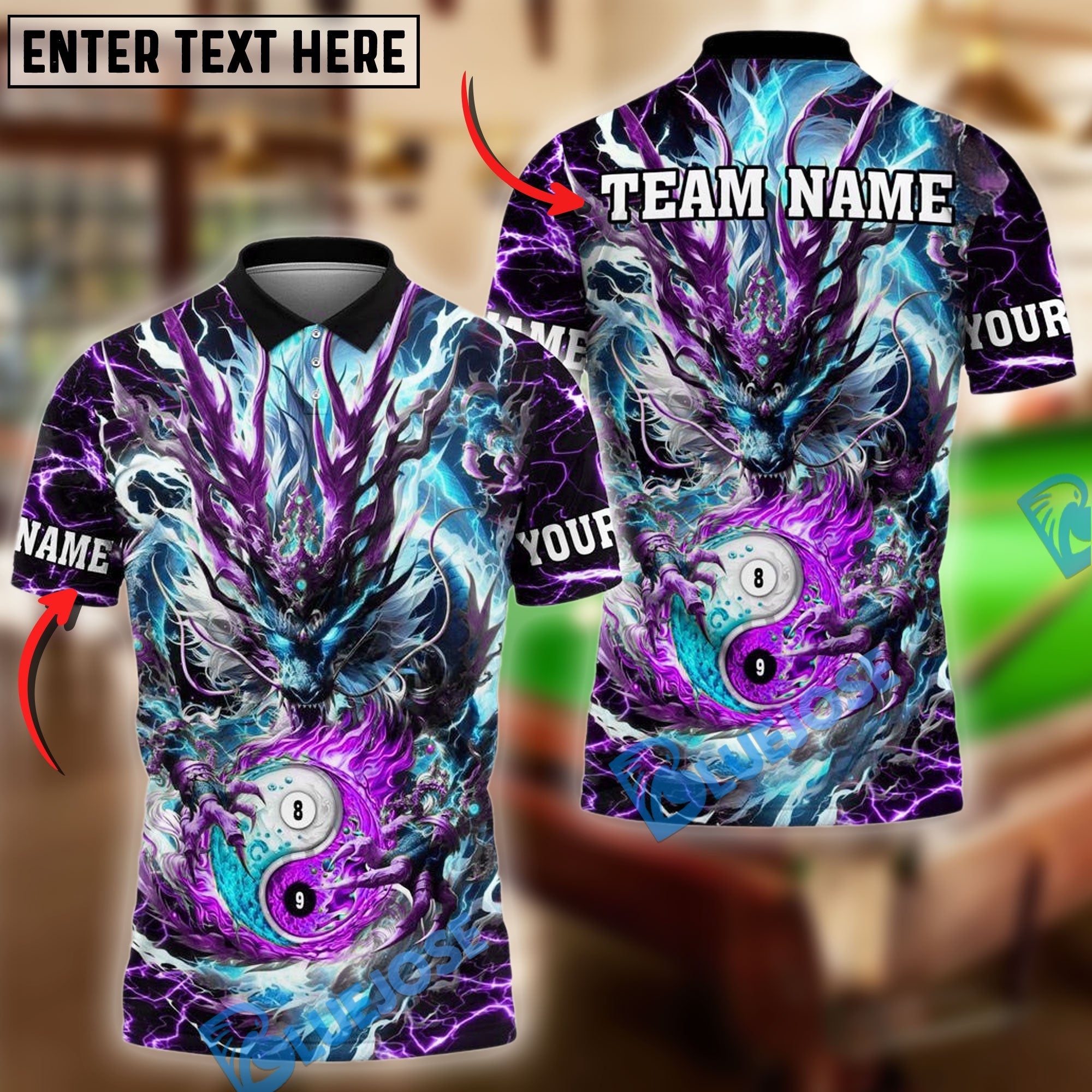BlueJose Billiards Ball 8&9 Yin Yang Mystic Storm Dragon Personalized Name Shirt (4 Colors)