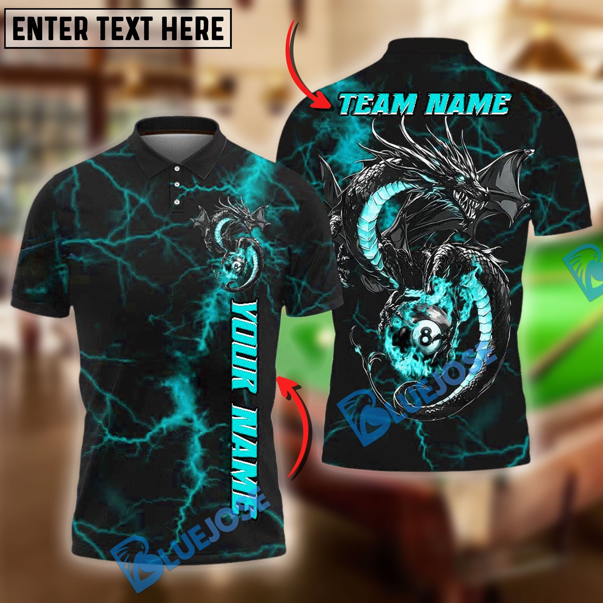 BlueJose Billiards Ball 8 Flame Lightning Dragon Personalized Name Shirt (4 Colors)