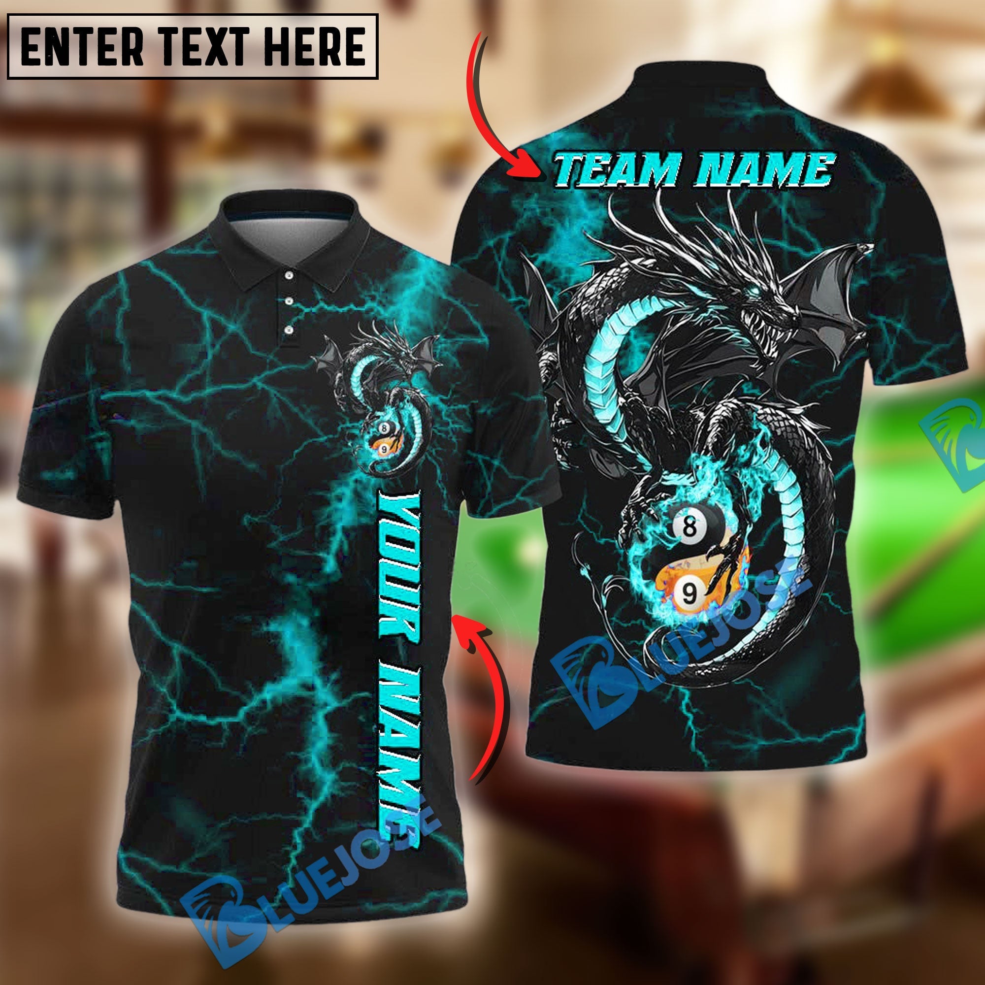 BlueJose Billiards Yin And Yang 8 & 9-Ball Flame Lightning Dragon Personalized Name Shirt (4 Colors)