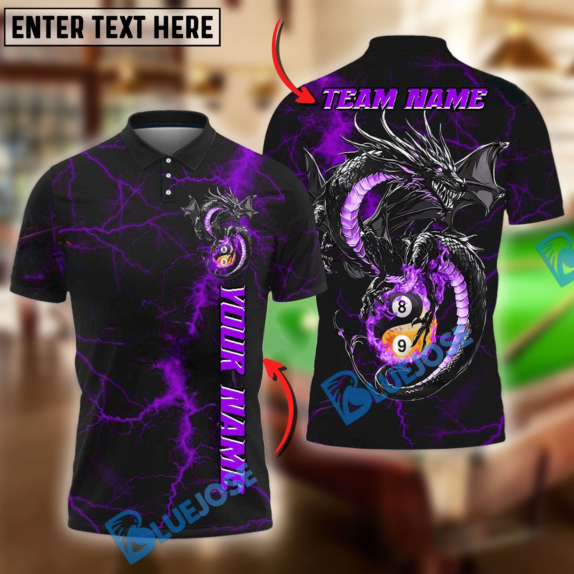 BlueJose Billiards Yin And Yang 8 & 9-Ball Flame Lightning Dragon Personalized Name Shirt (4 Colors)