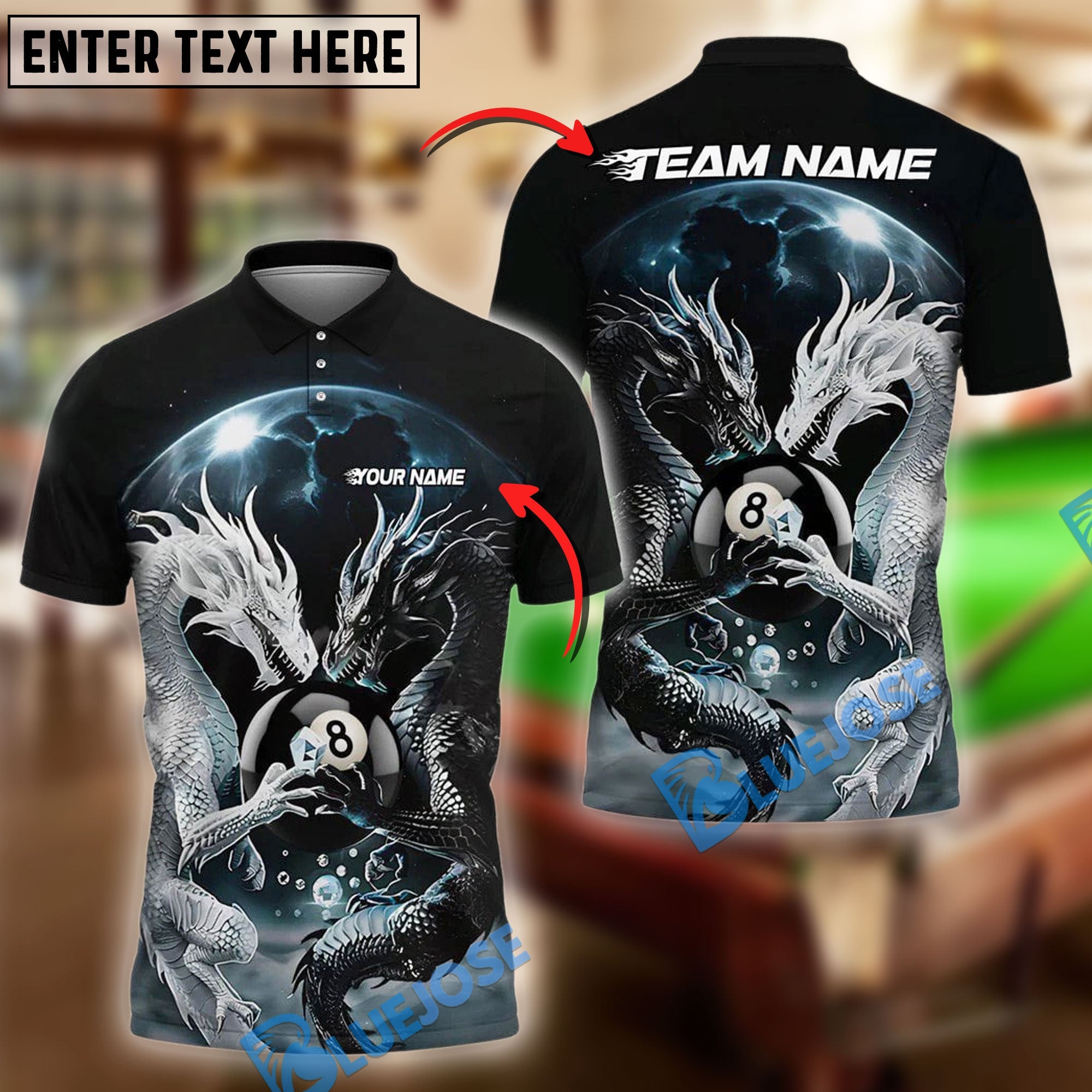 BlueJose Billiards Ball 8 Yinyang Dragon Duel Personalized Name, Team Name Unisex Shirt