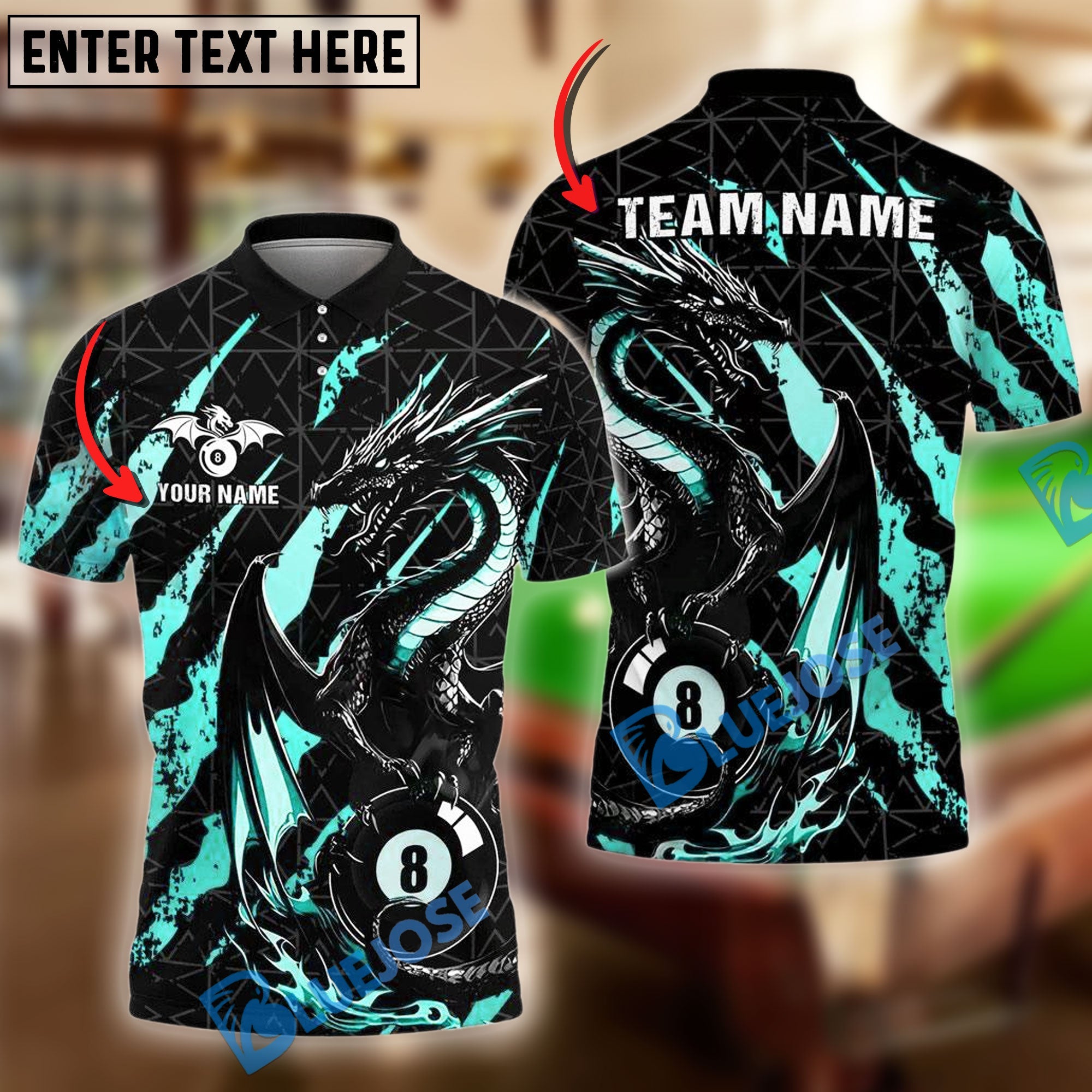BlueJose Billiards Ball 8 Golden Fury Dragon Personalized Name Shirt (4 Colors)