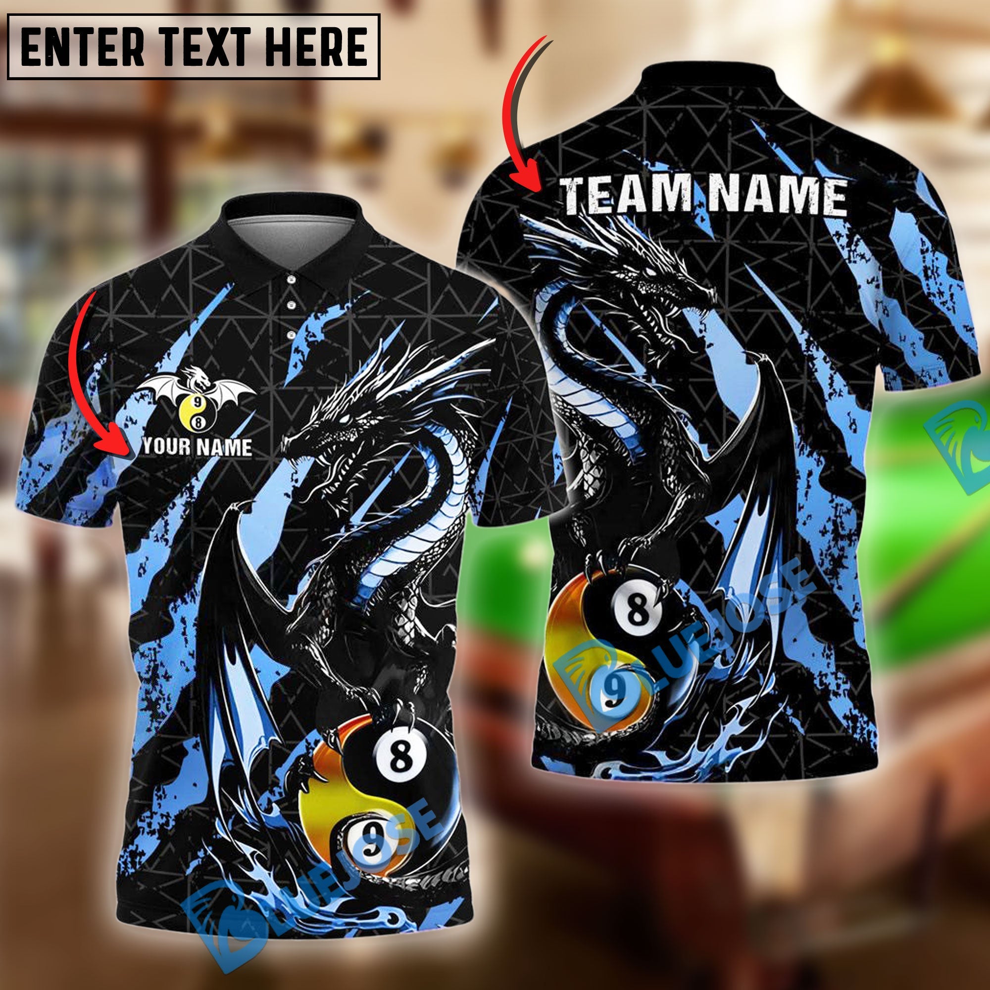 BlueJose Billiards Ball 8&9 Yinyang Golden Fury Dragon Personalized Name Shirt (4 Colors)