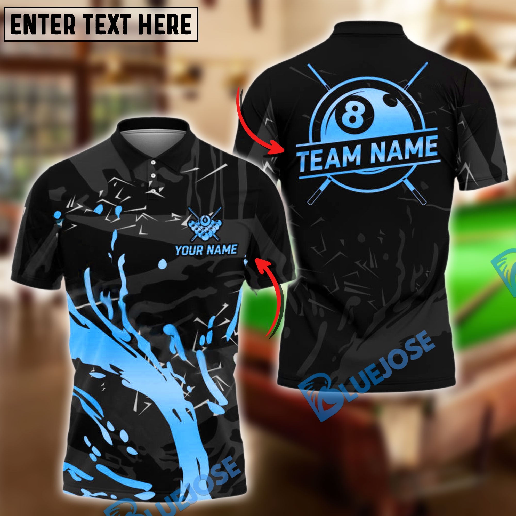 BlueJose Billiards Ball 8 Pool Golden Splash Personalized Name Shirt (4 Colors)