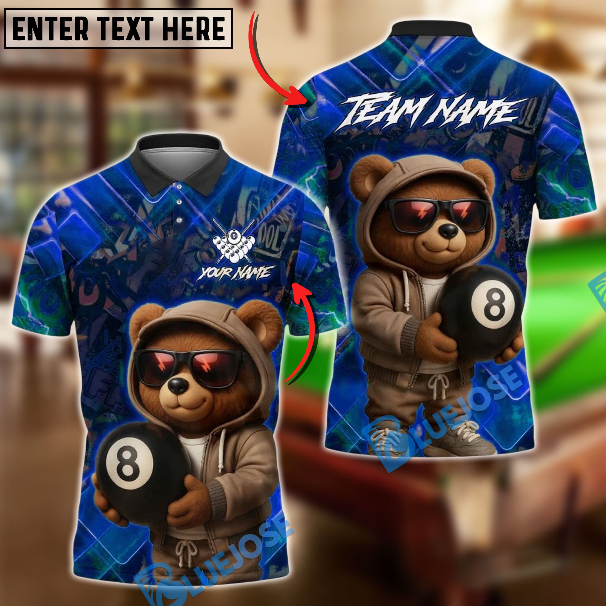 BlueJose Billiards Ball 8 Pool Cool Bear Personalized Name, Team Name Unisex Shirt (4 Colors)