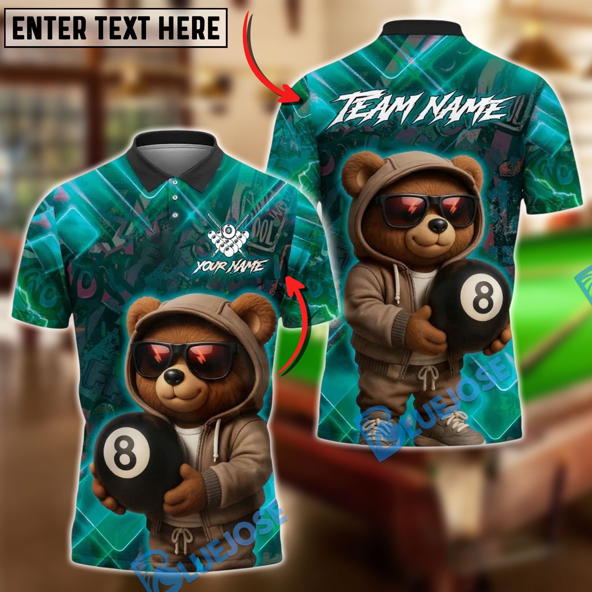 BlueJose Billiards Ball 8 Pool Cool Bear Personalized Name, Team Name Unisex Shirt (4 Colors)