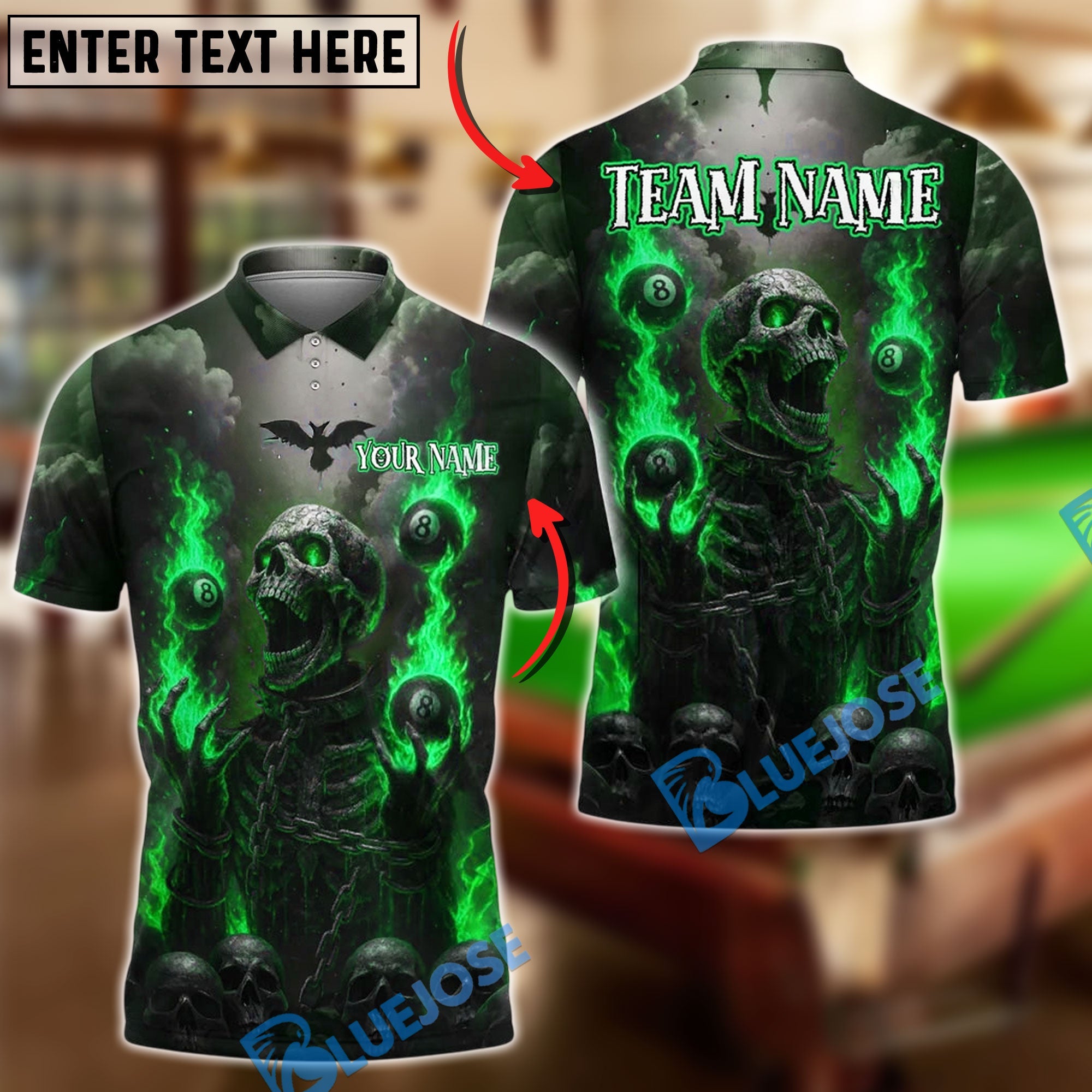 BlueJose Billiards 8 Ball Fiery Skeleton Personalized Name, Team Name Unisex Shirt (4 Colors)