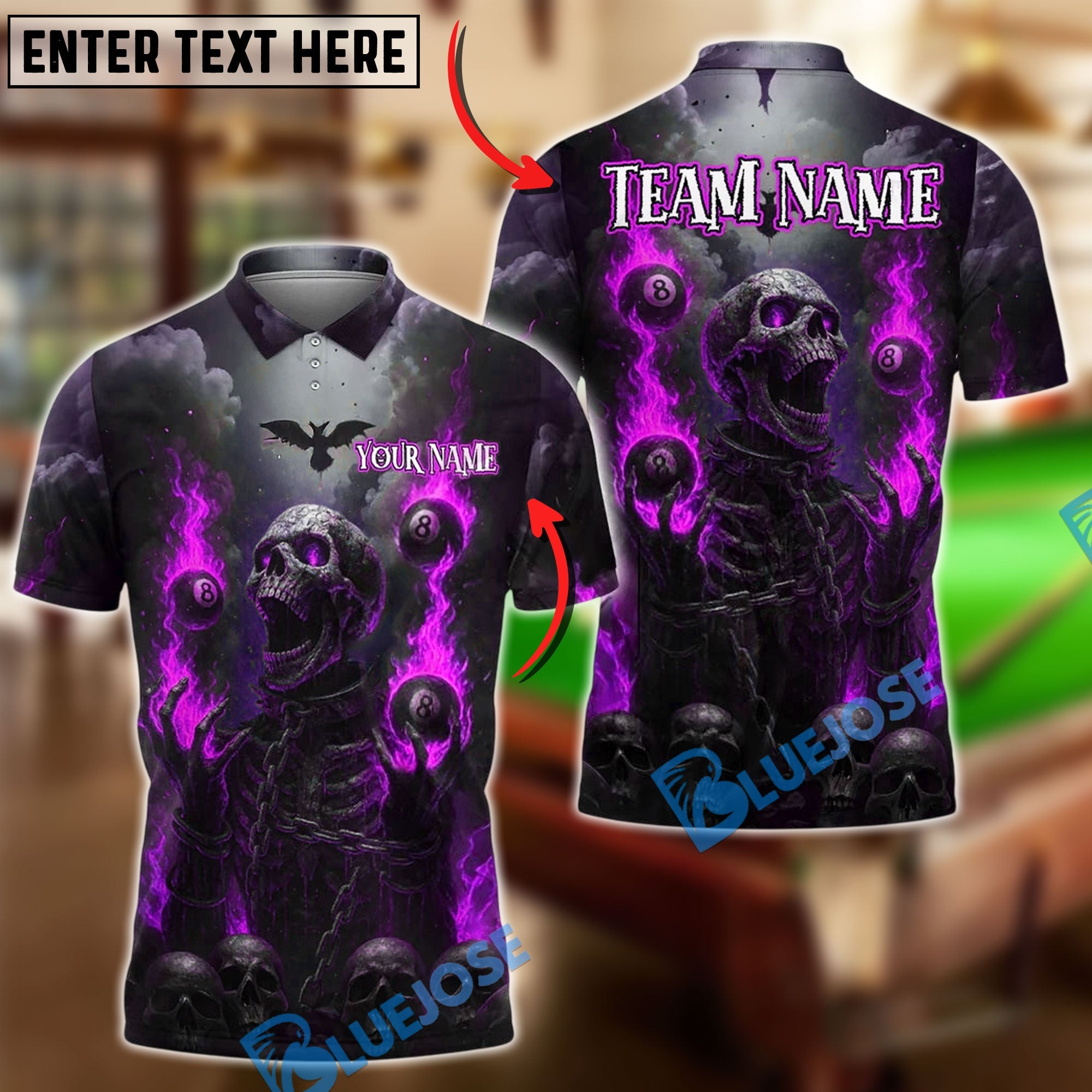 BlueJose Billiards 8 Ball Fiery Skeleton Personalized Name, Team Name Unisex Shirt (4 Colors)