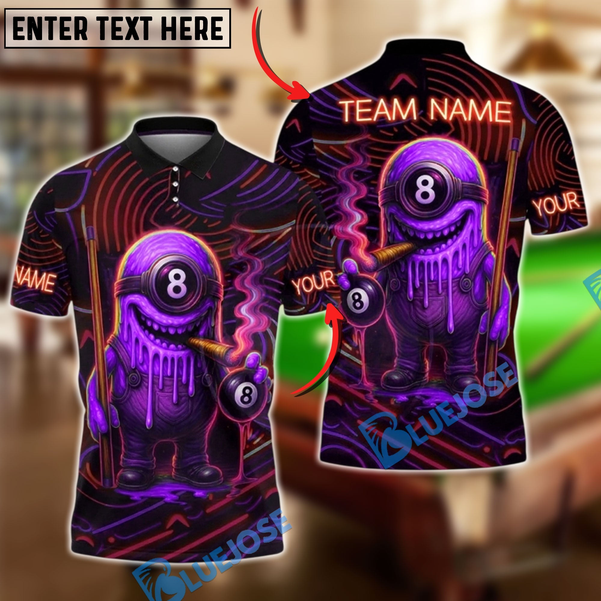 BlueJose Billiards 8 Ball Neon Monster Smoke Personalized Name, Team Name Unisex Shirt (4 Colors)