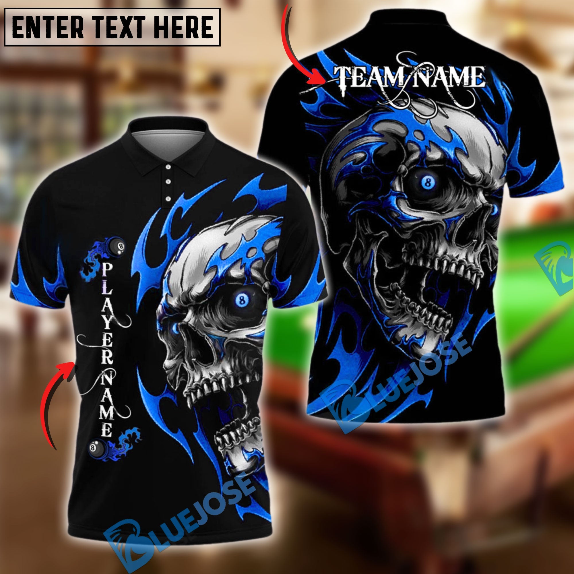 BlueJose Billiards Ball 8 Flame Skull Personalized Name Shirt (4 Colors)
