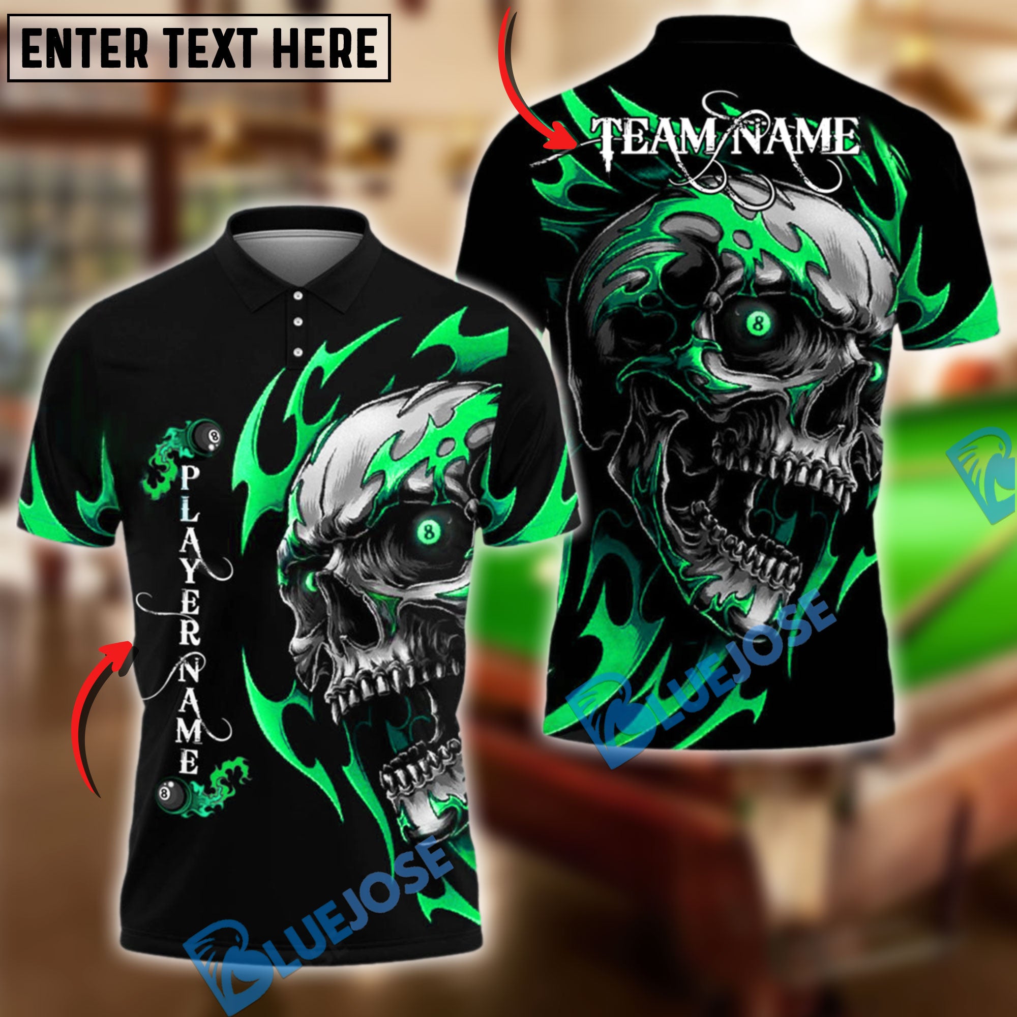 BlueJose Billiards Ball 8 Flame Skull Personalized Name Shirt (4 Colors)