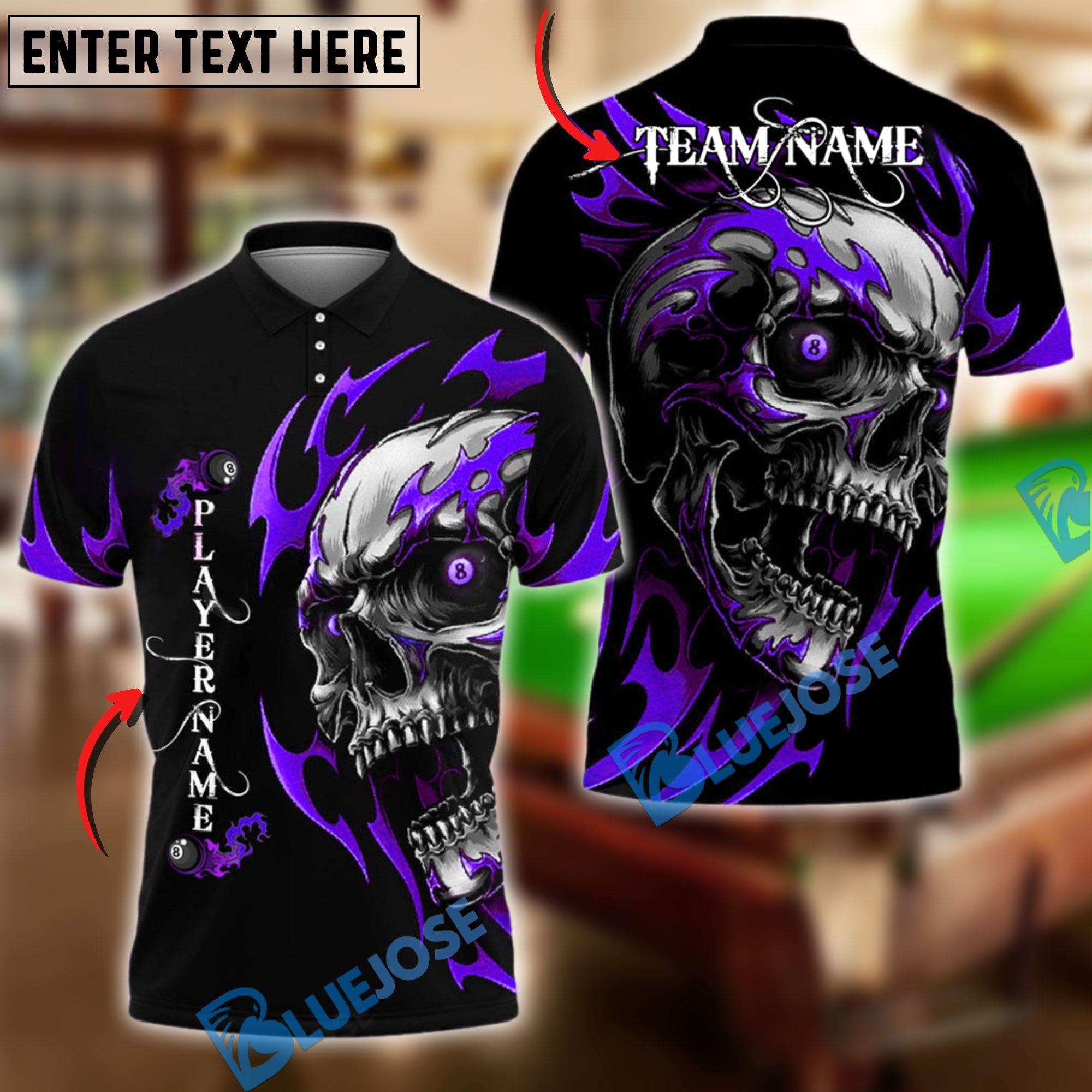 BlueJose Billiards Ball 8 Flame Skull Personalized Name Shirt (4 Colors)