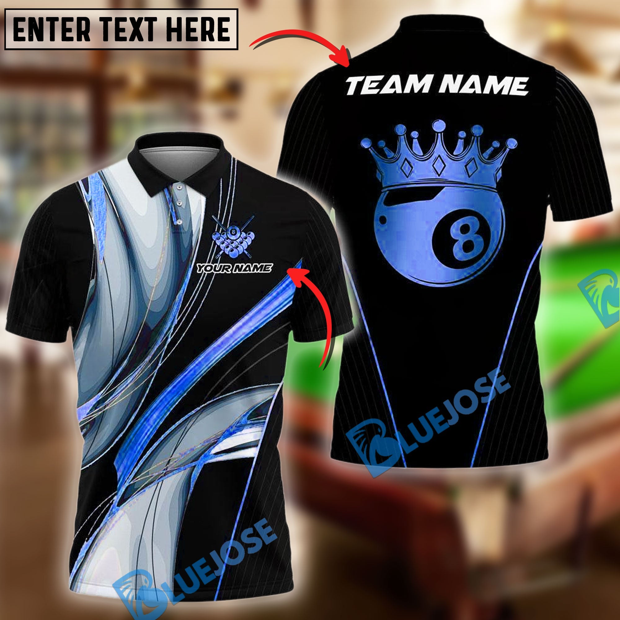 BlueJose Billiards Ball 8 Black Gold Crown Personalized Name Shirt (4 Colors)