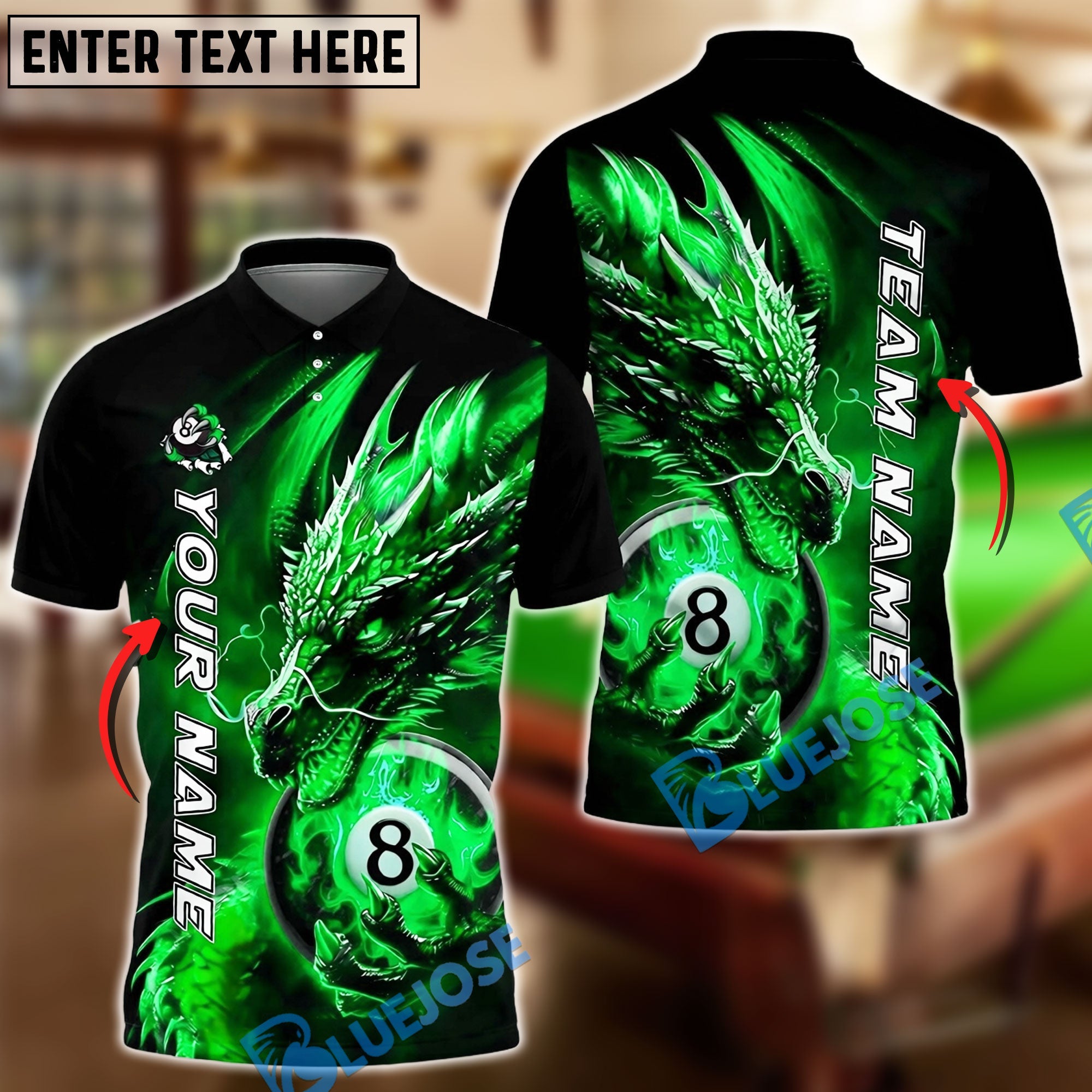BlueJose Billiards 8 Ball Dragon Fire Light Personalized Name Shirt (4 Colors)