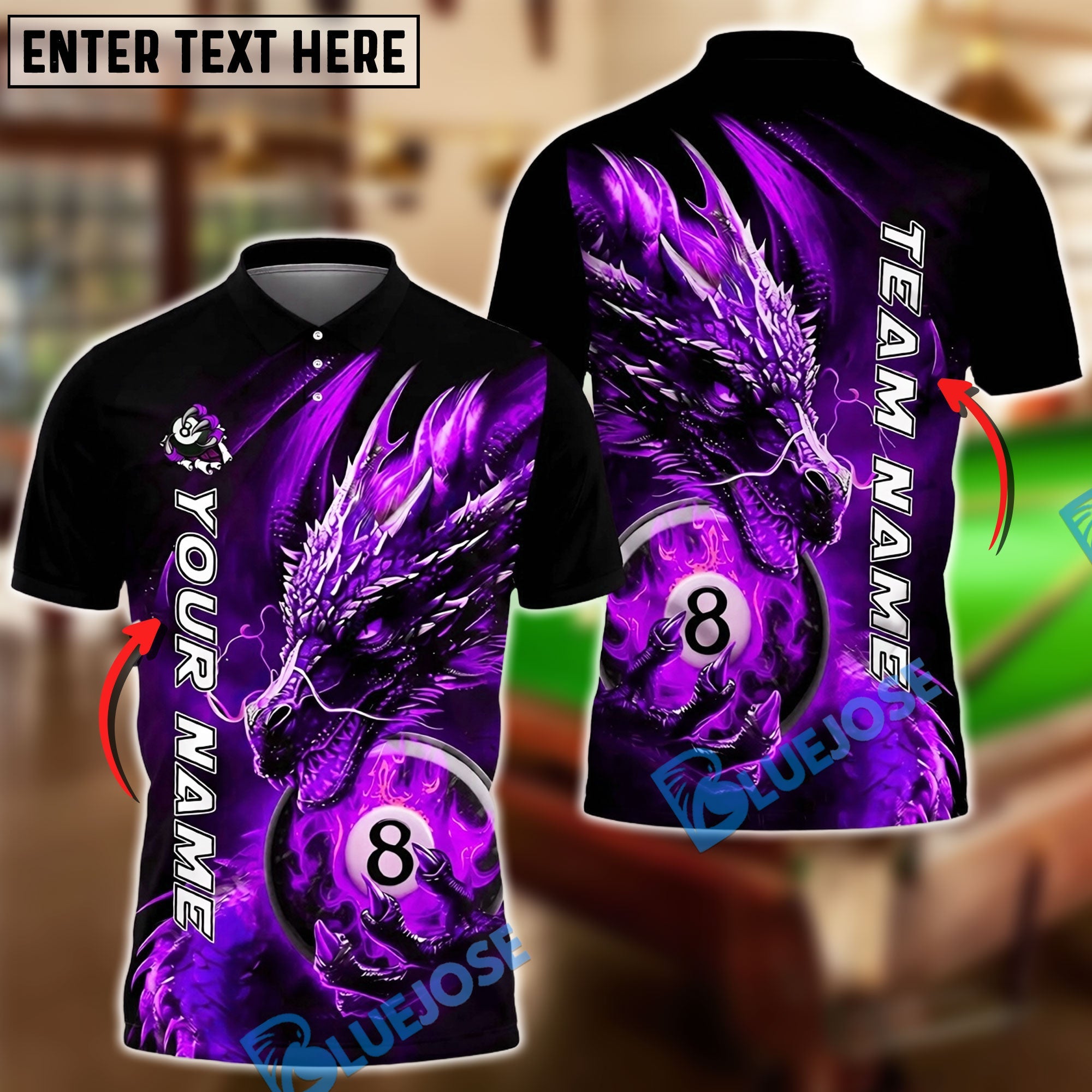BlueJose Billiards 8 Ball Dragon Fire Light Personalized Name Shirt (4 Colors)