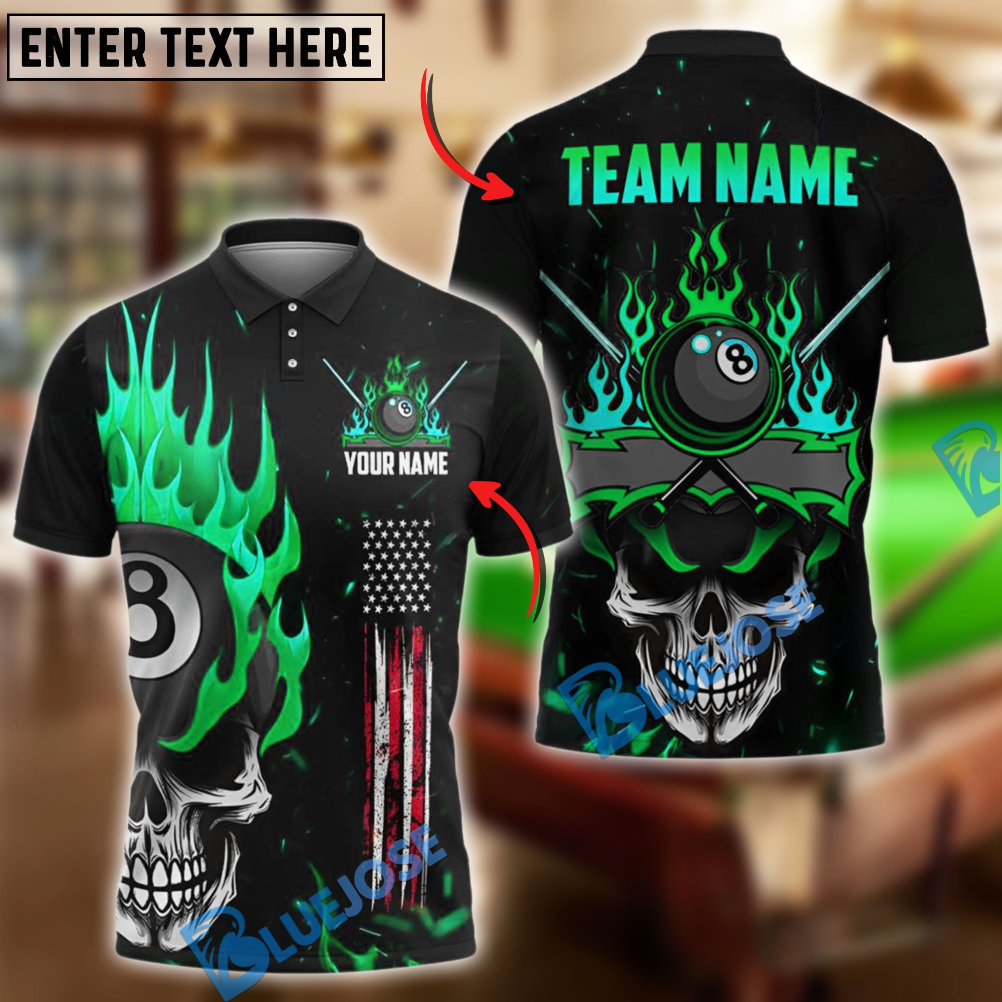 BlueJose Billiards Ball 8 Skull Fire Personalized Name & Team Name Shirt (4 Colors)