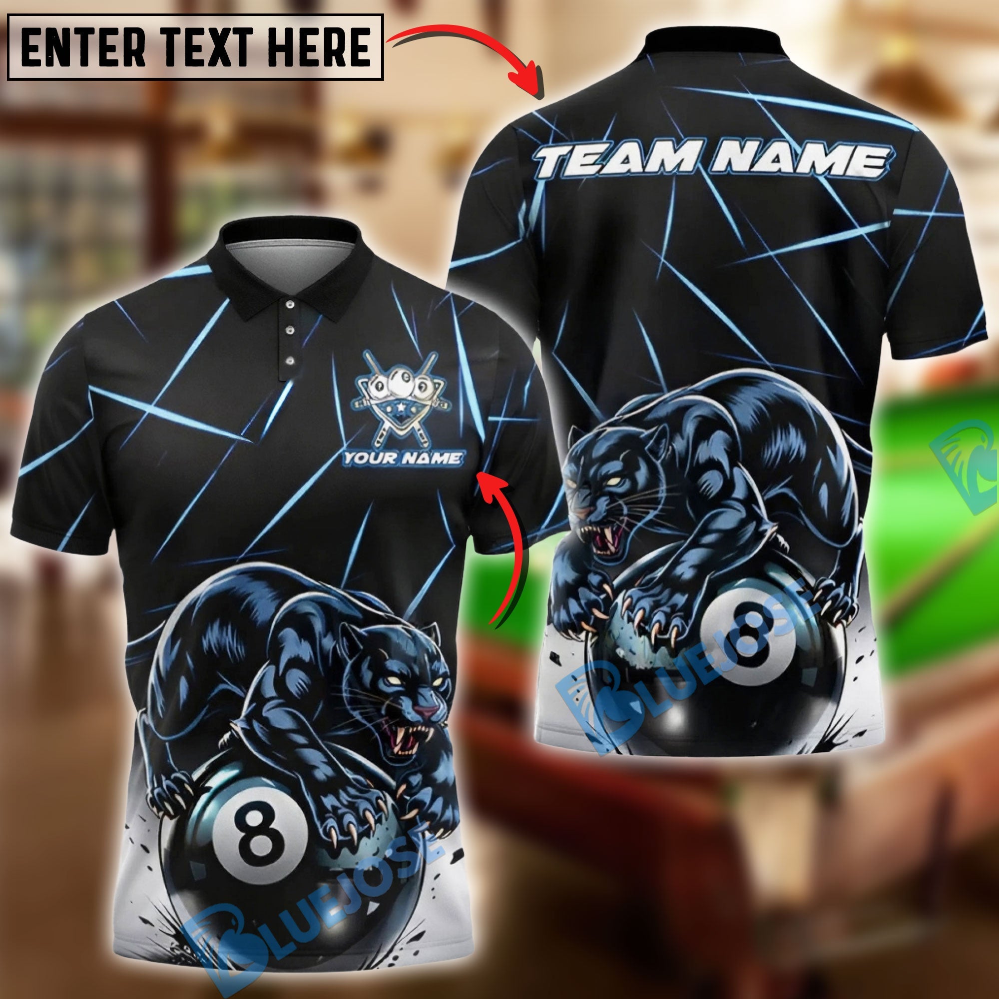 BlueJose Billiards Black Panther Power 8 Ball Customized Name, Team Name 3D Shirt (6 Colors)