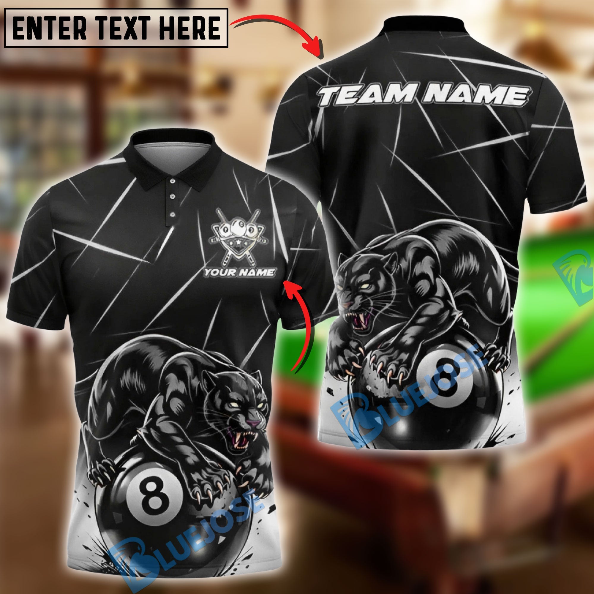 BlueJose Billiards Black Panther Power 8 Ball Customized Name, Team Name 3D Shirt (6 Colors)