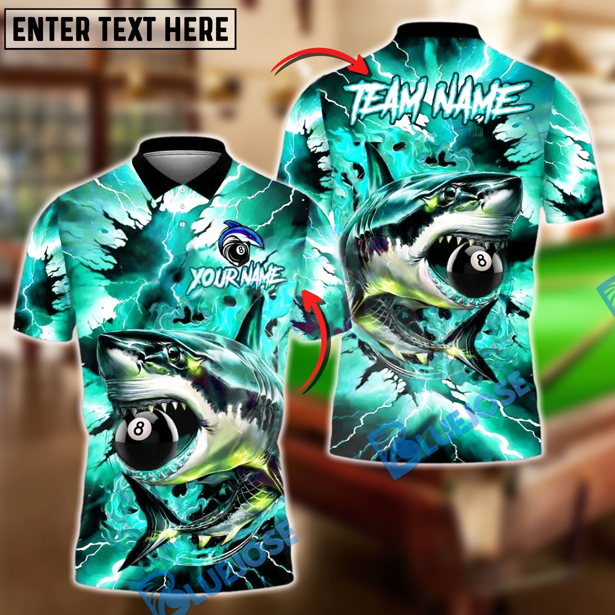 BlueJose Billiards 8-Ball Lightning Shark Personalized Name Shirt (4 Colors)