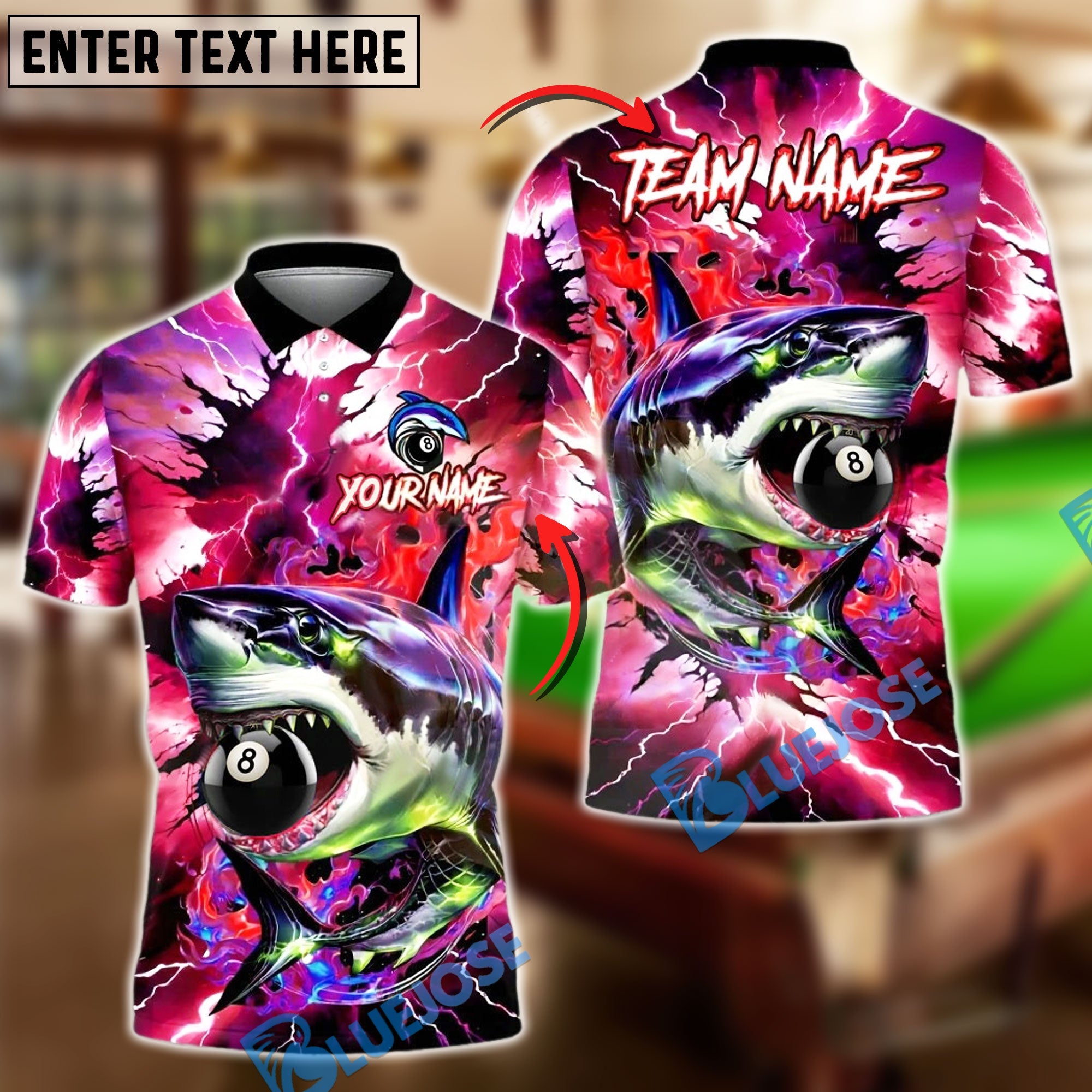 BlueJose Billiards 8-Ball Lightning Shark Personalized Name Shirt (4 Colors)