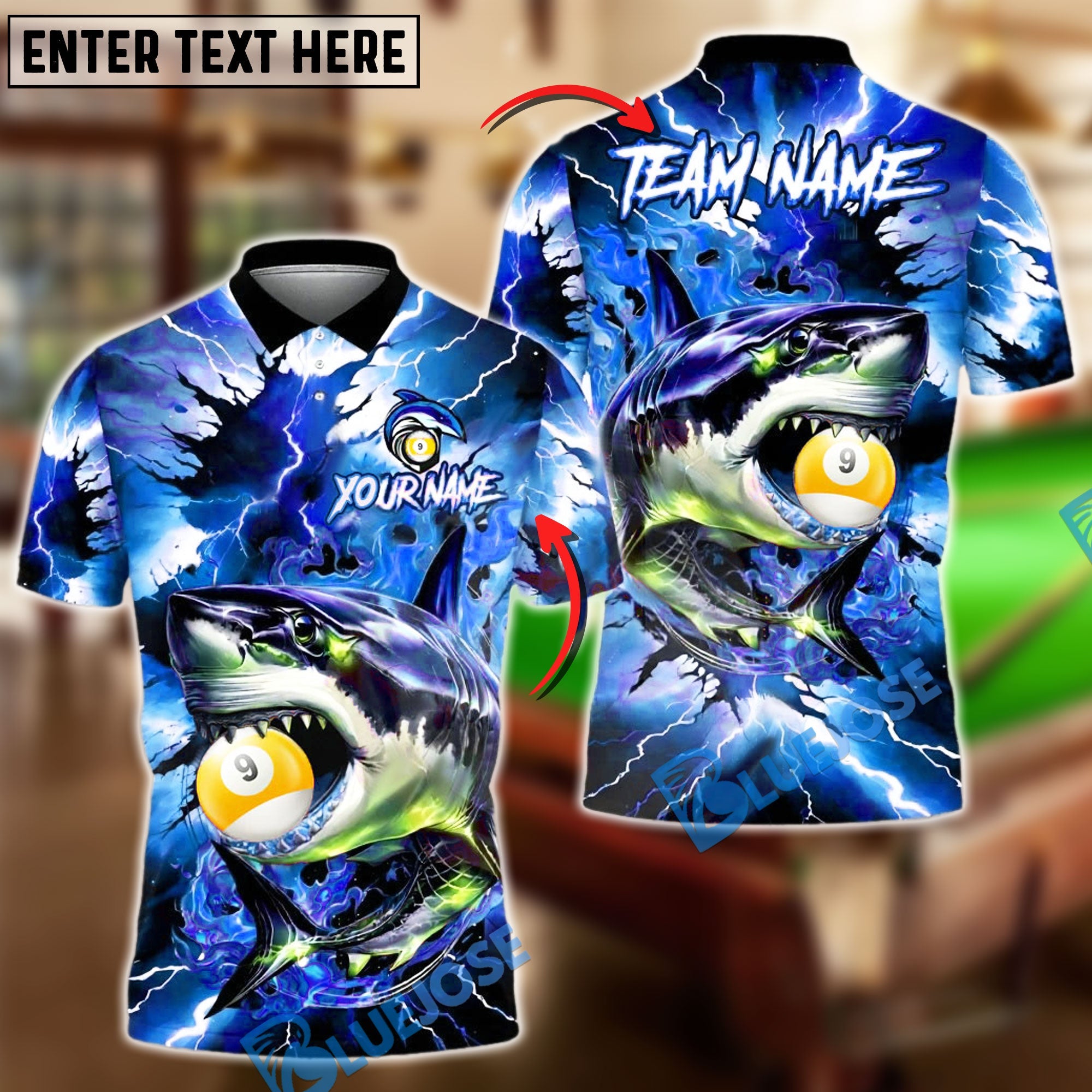 BlueJose Billiards 9-Ball Lightning Shark Personalized Name Shirt (4 Colors)