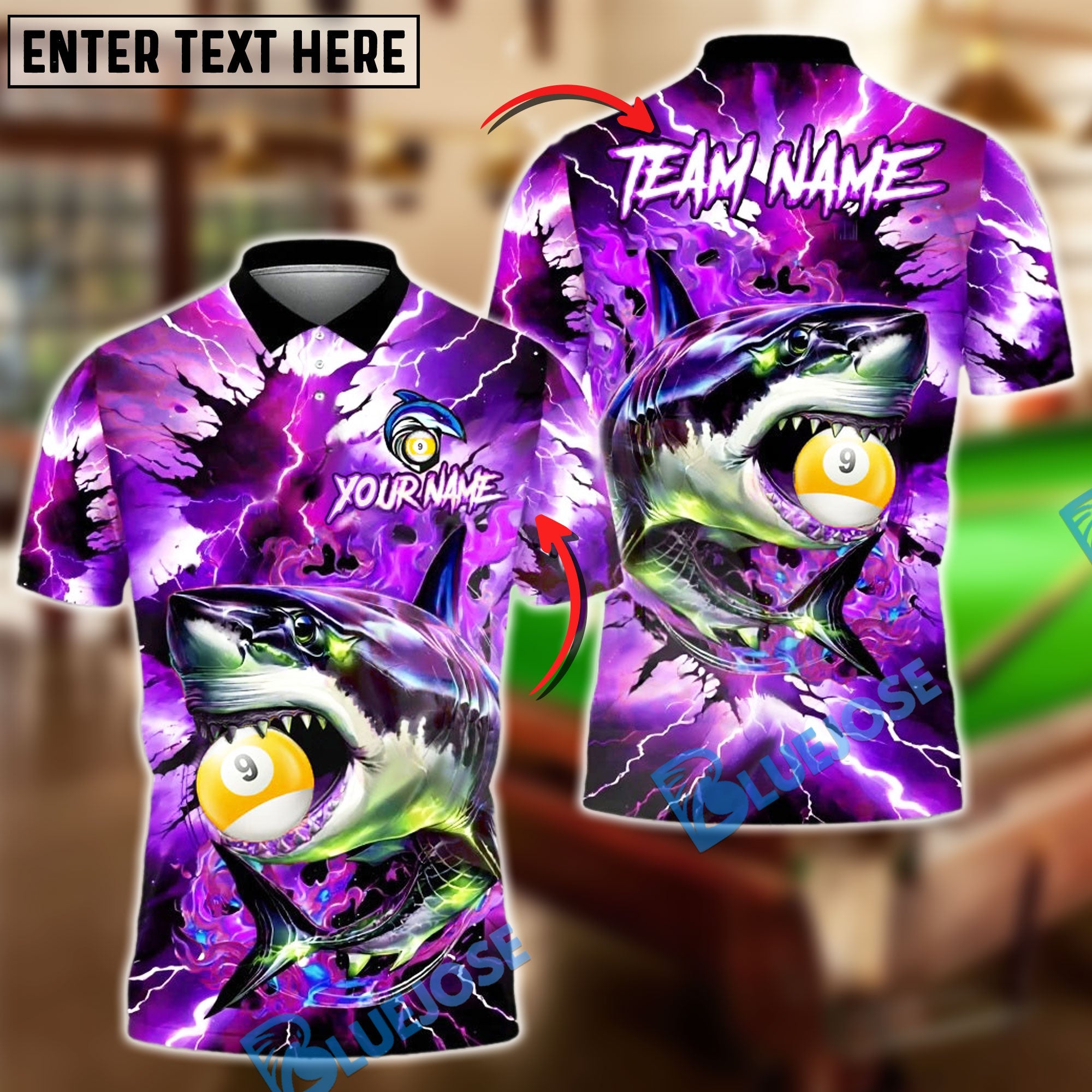 BlueJose Billiards 9-Ball Lightning Shark Personalized Name Shirt (4 Colors)