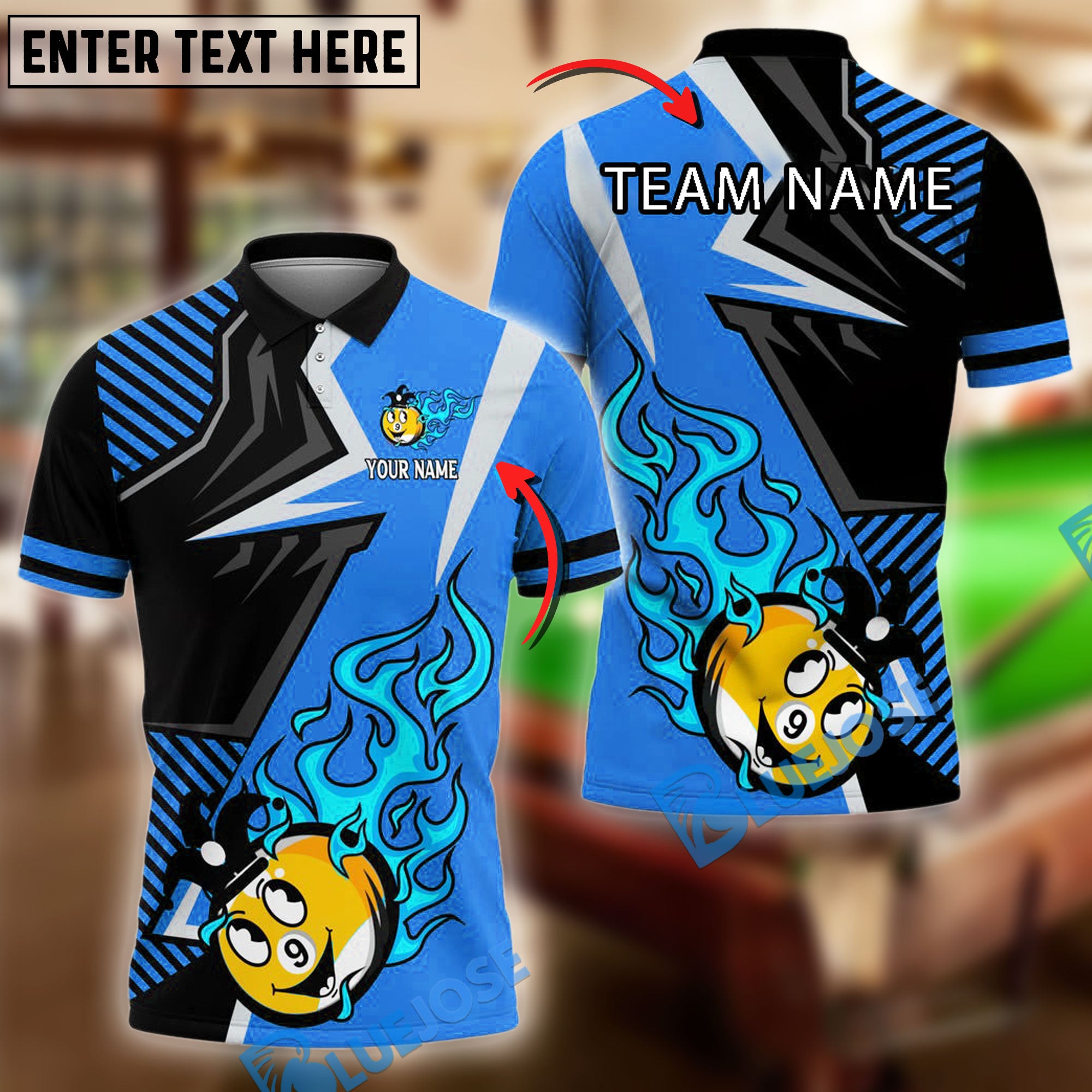 BlueJose Billiards Ball 9 Pool Funny Blazing Strike Personalized Name & Team Name Shirt (4 Colors)
