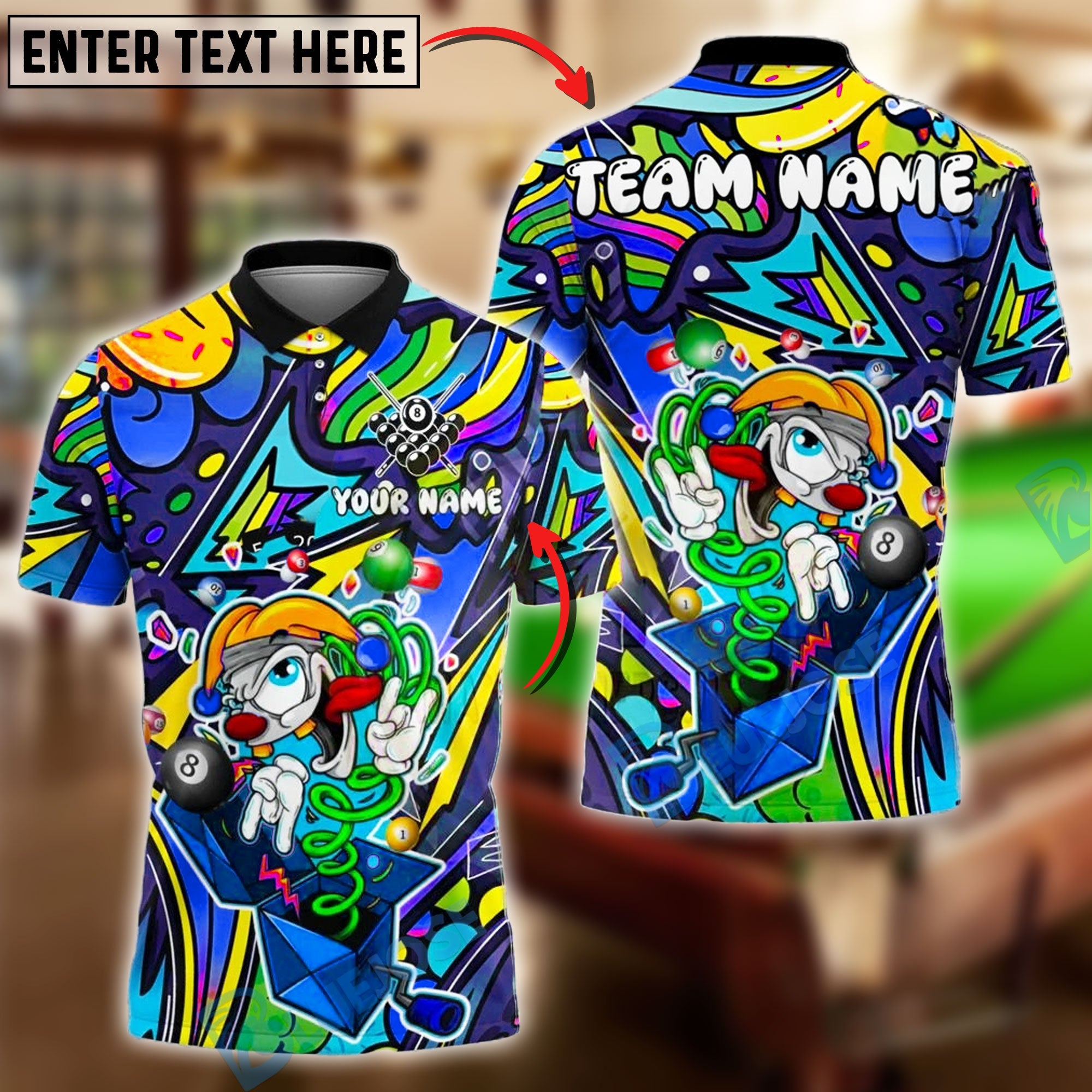 BlueJose Billiards 8 Ball Clown Cartoon In Secret Box Personalized Name, Team Name Unisex Shirt (4 Colors)