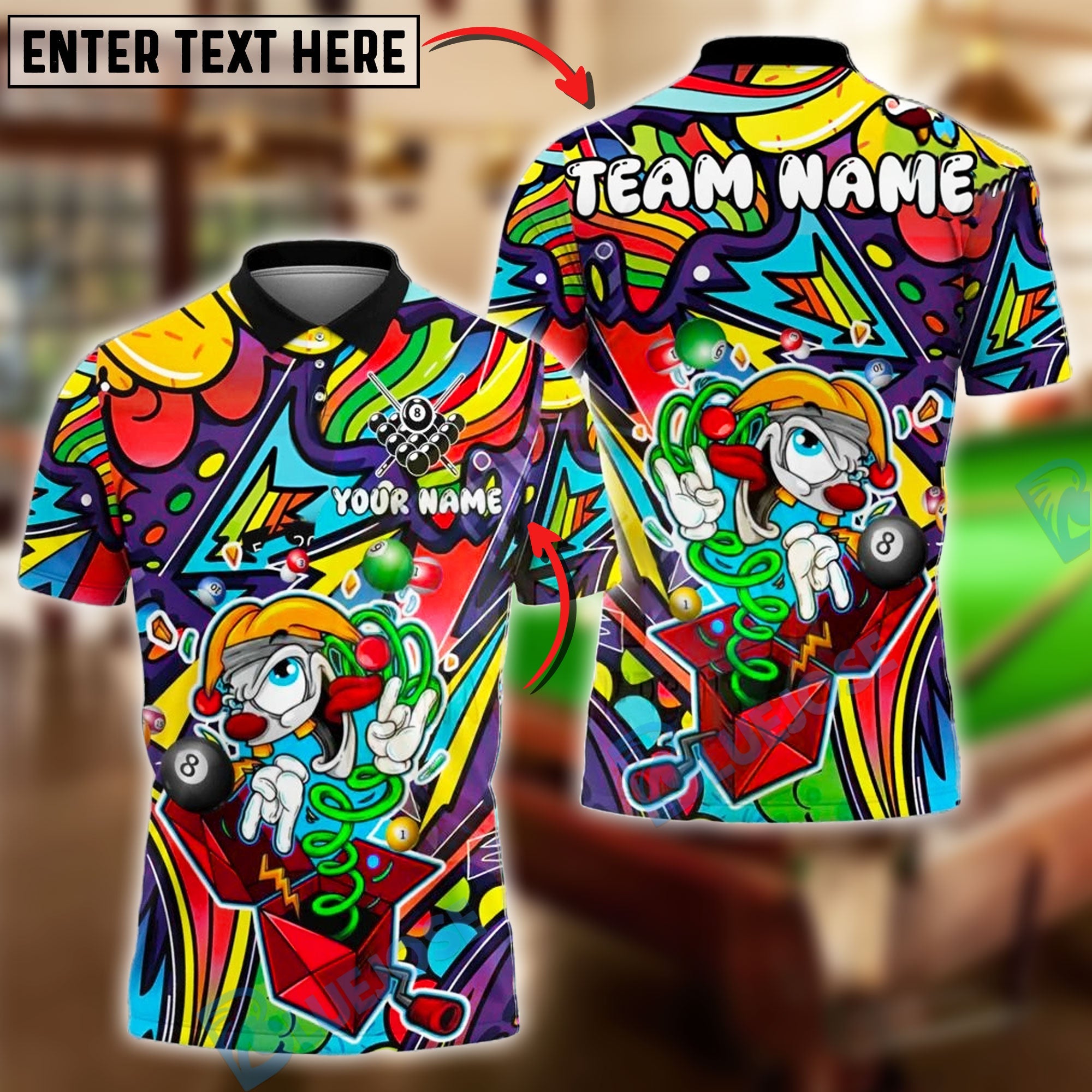 BlueJose Billiards 8 Ball Clown Cartoon In Secret Box Personalized Name, Team Name Unisex Shirt (4 Colors)
