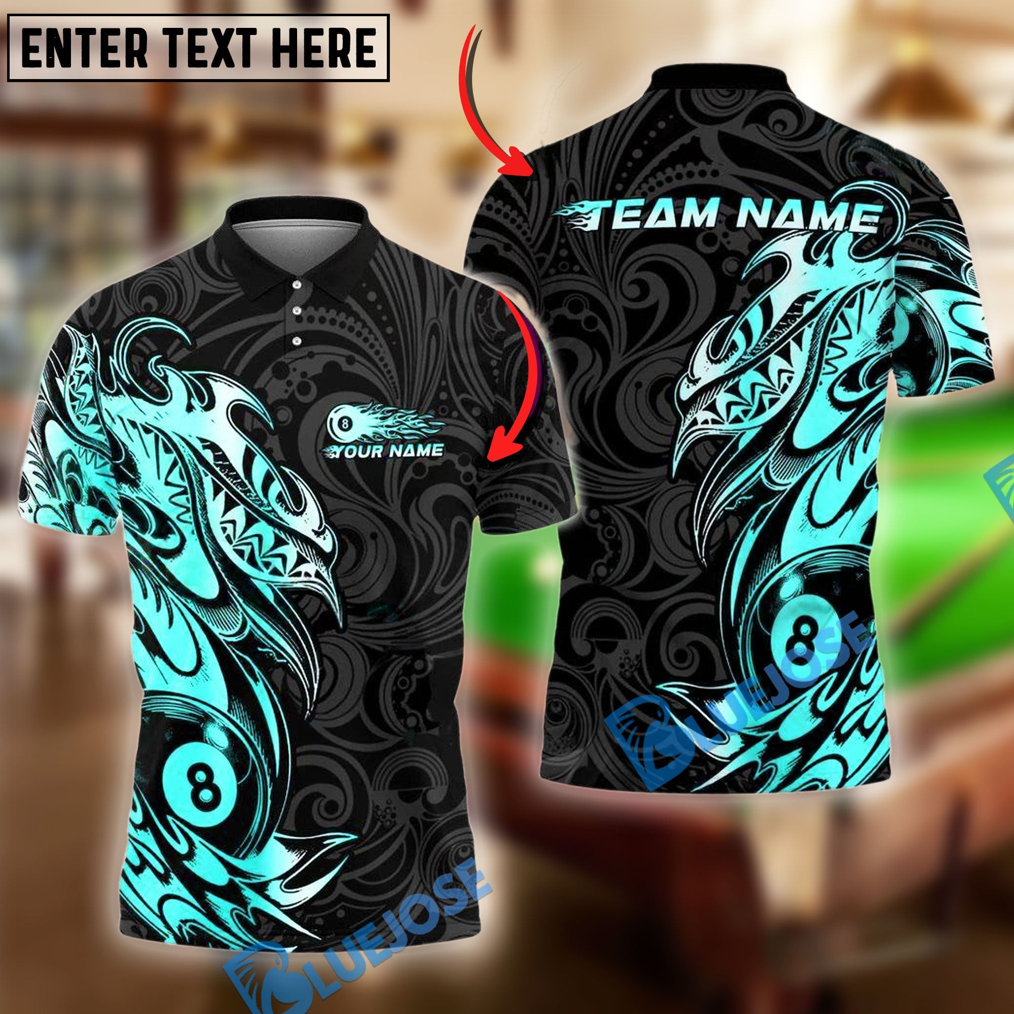 BlueJose Billiards 8-Ball Pool With Tribal Style Personalized Name, Team Name Shirt (6 Colors)