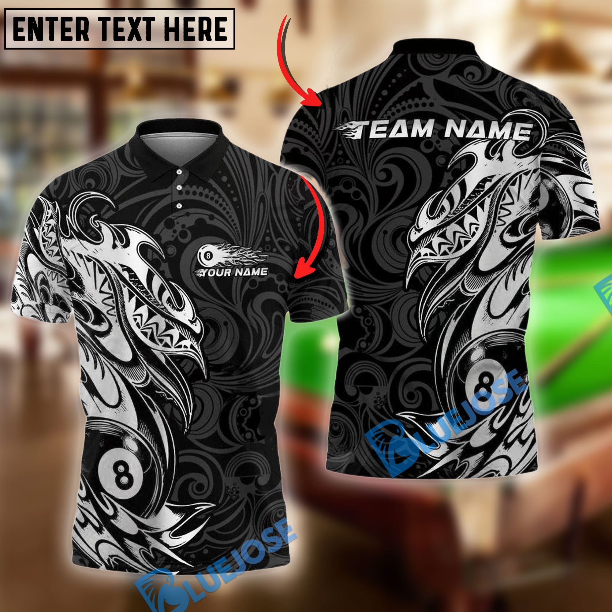 BlueJose Billiards 8-Ball Pool With Tribal Style Personalized Name, Team Name Shirt (6 Colors)