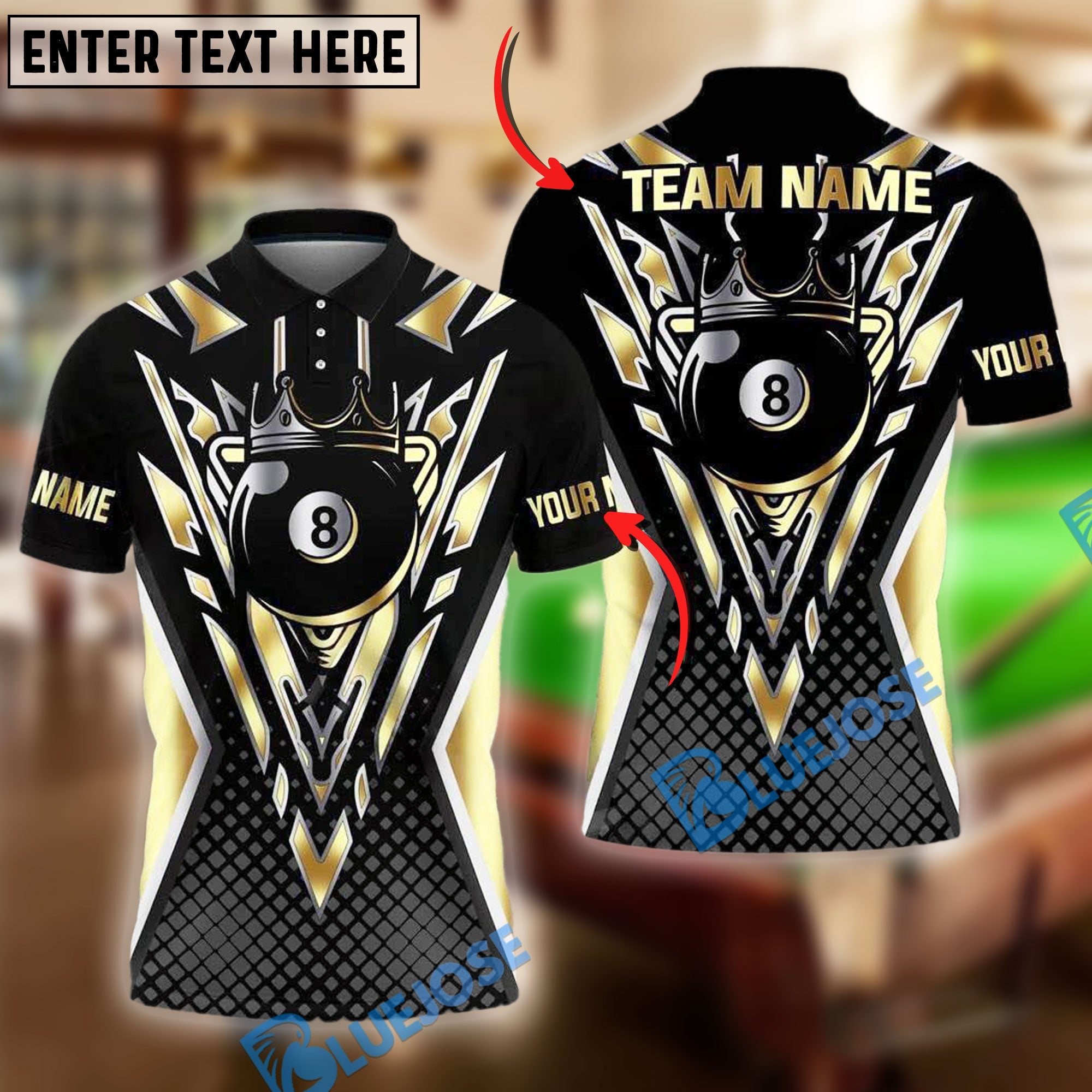 BlueJose Billiards Golden Premium New Cool 8 Ball Personalized Name Shirt (4 Colors)