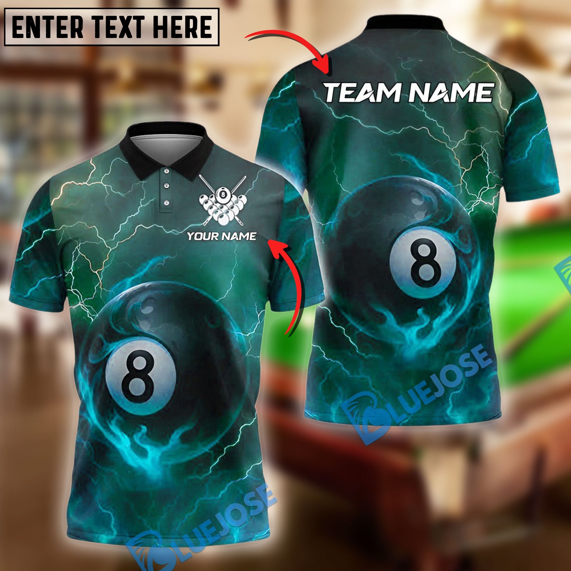 BlueJose Billiards 8 Ball Lightning Fire Personalized Name Shirt (4 Colors)