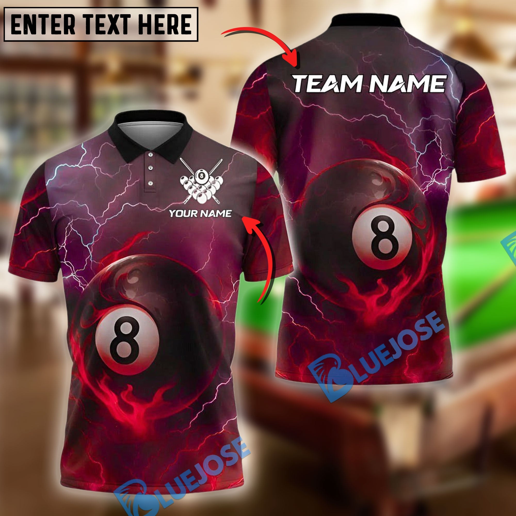 BlueJose Billiards 8 Ball Lightning Fire Personalized Name Shirt (4 Colors)