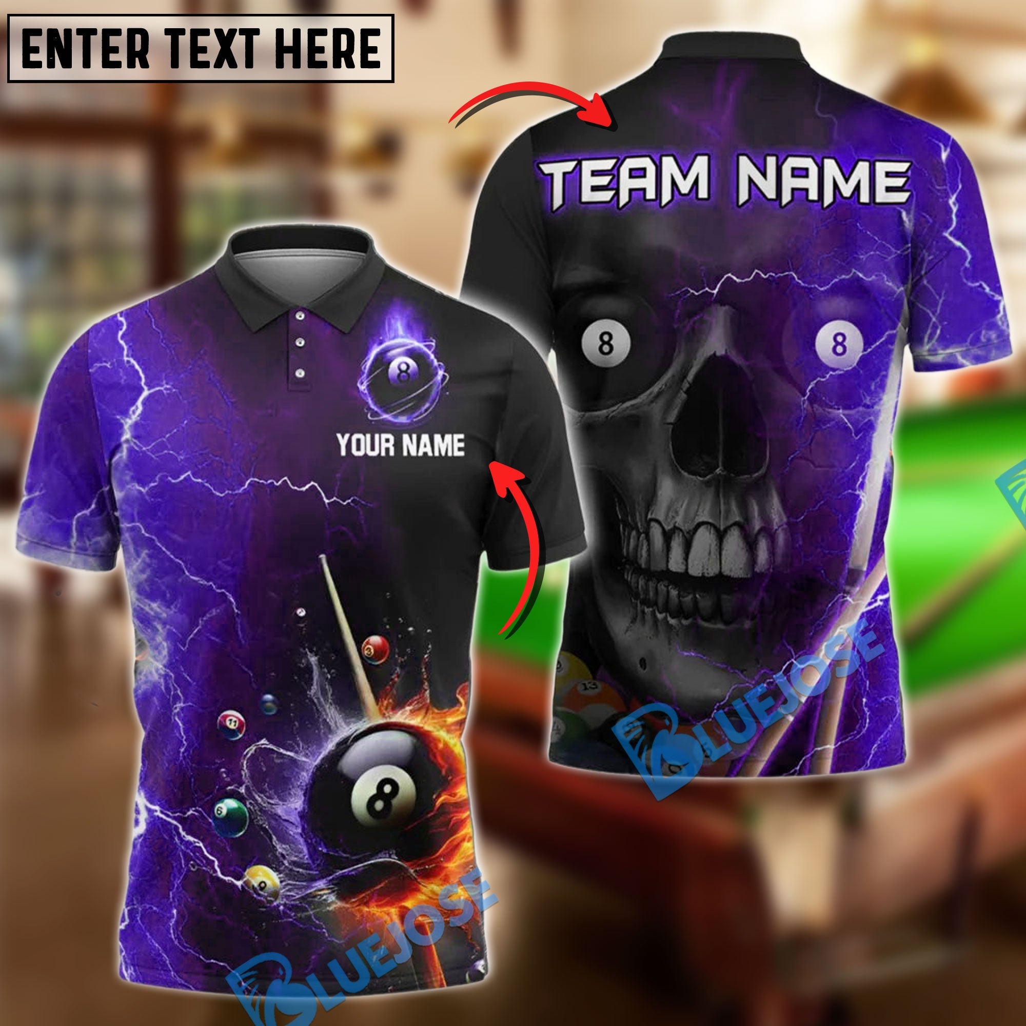 BlueJose Billiards 8-Ball Skull Lightning Strike Personalized Name Shirt (4 Colors)