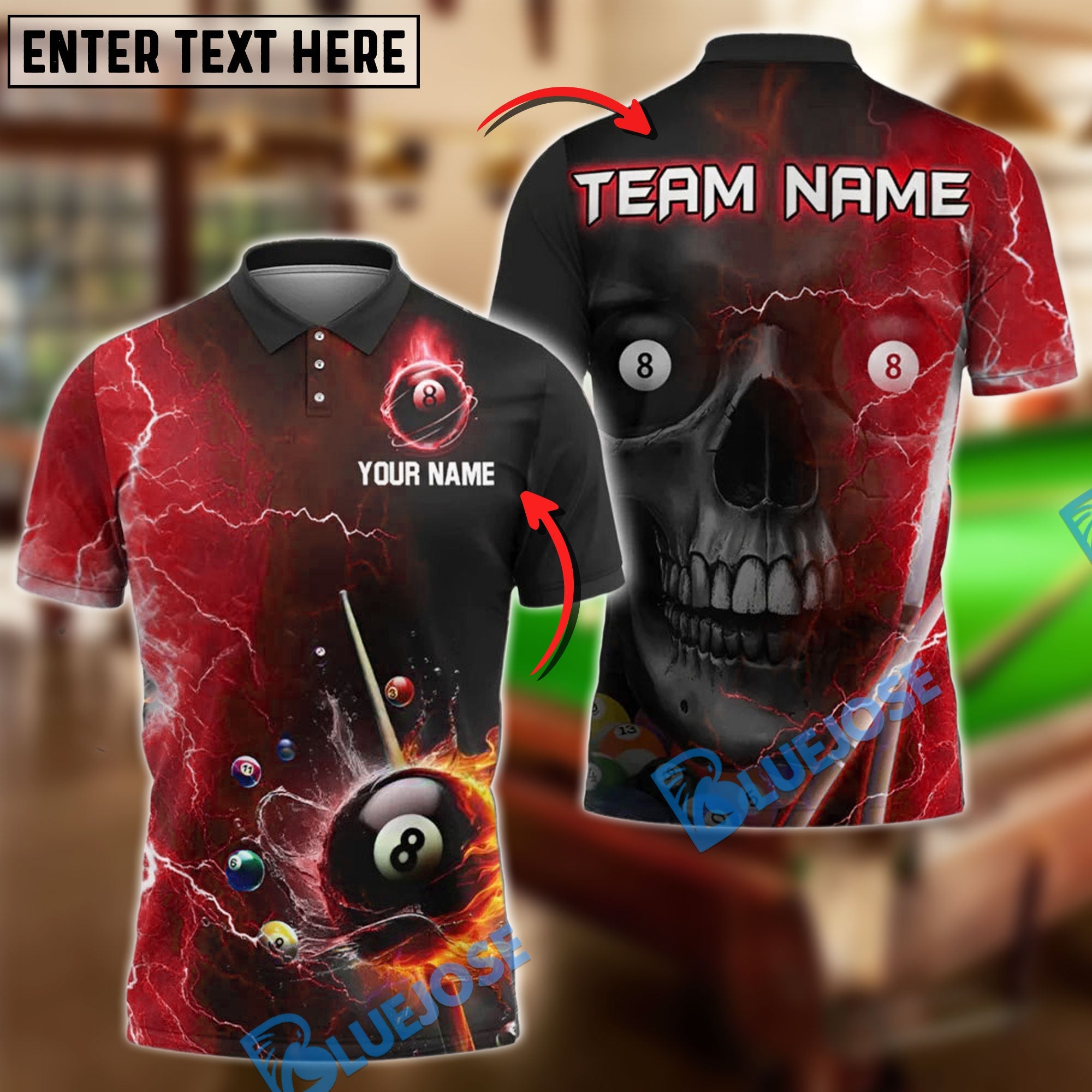 BlueJose Billiards 8-Ball Skull Lightning Strike Personalized Name Shirt (4 Colors)