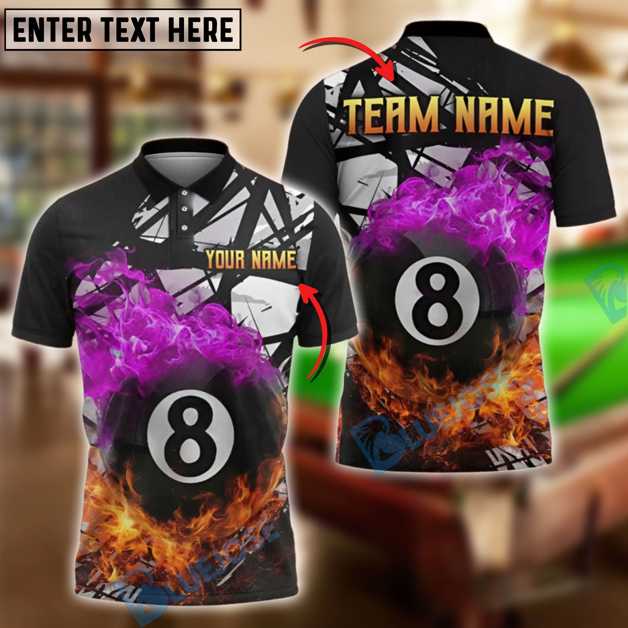 BlueJose Billiards 8-Ball Pool Double Flame Personalized Name Shirt (4 Colors)