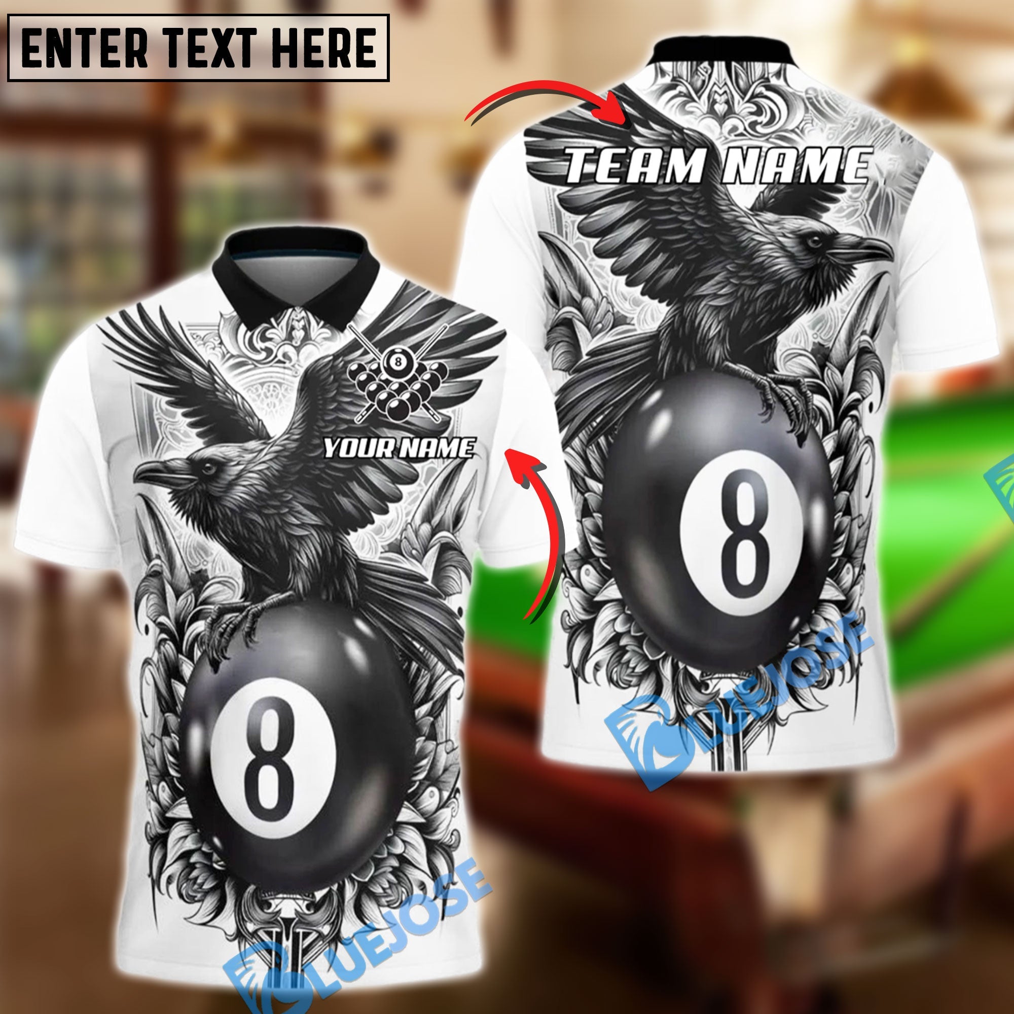 BlueJose Billiards Gothic Raven 8 Ball Tattoo Personalized Name, Team Name Unisex Shirt