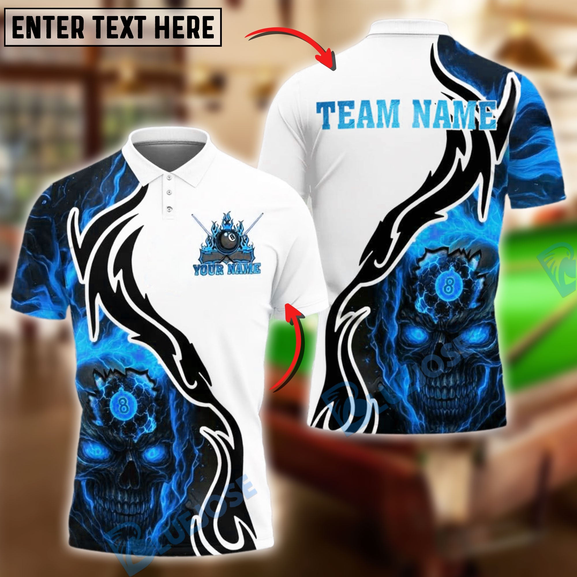 BlueJose Billiards Ball 8 Skull Head Fire Burst Personalized Name, Team Name Unisex Shirt (4 Colors)