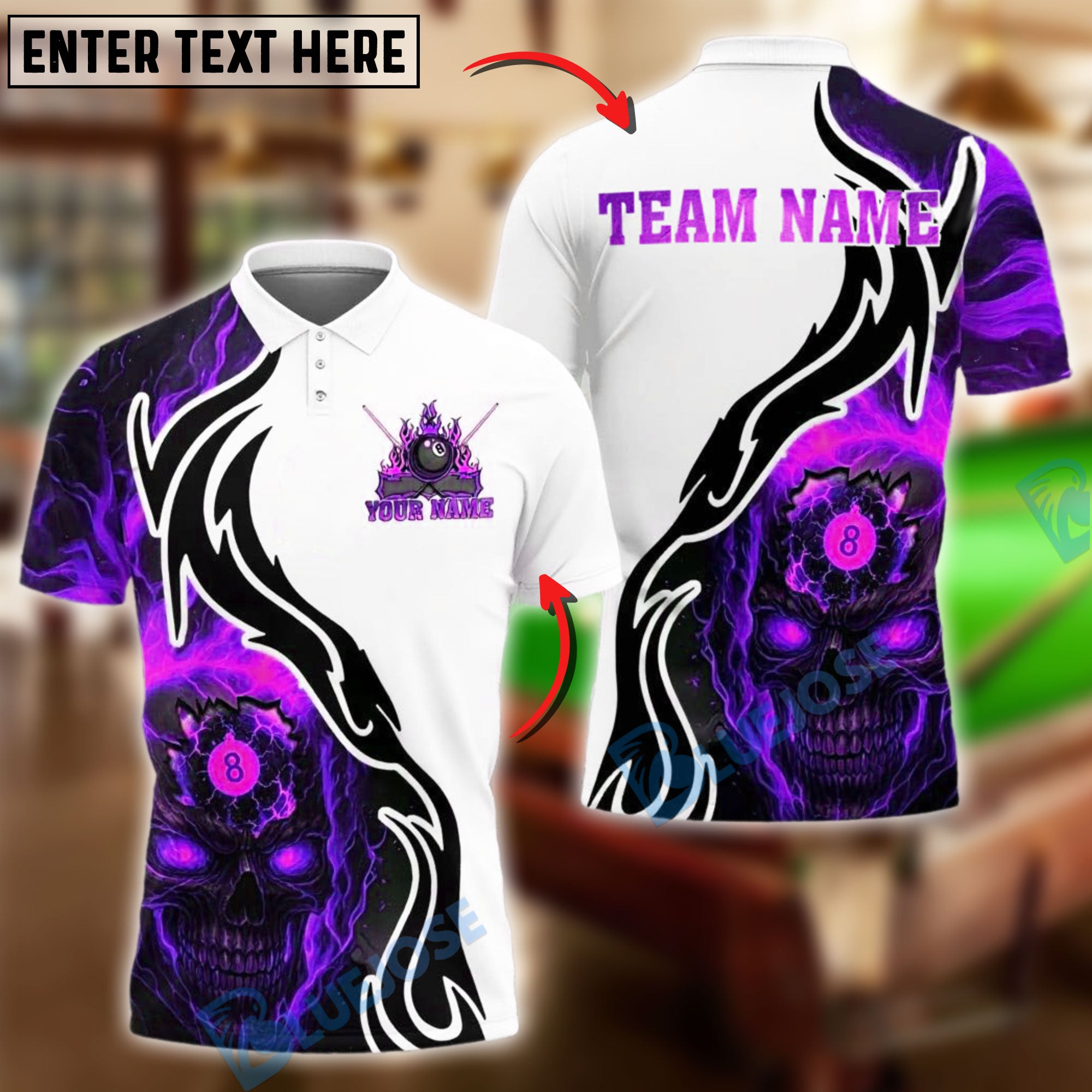 BlueJose Billiards Ball 8 Skull Head Fire Burst Personalized Name, Team Name Unisex Shirt (4 Colors)