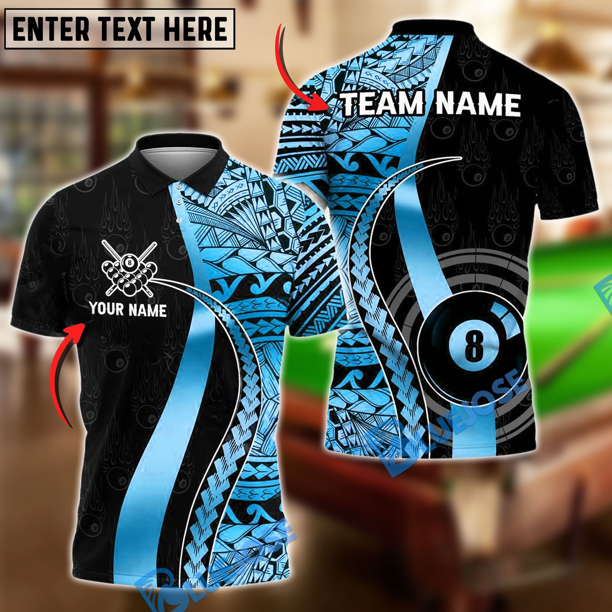 BlueJose Billiards Ball 8 Golden Tribal Personalized Name Shirt (4 Colors)