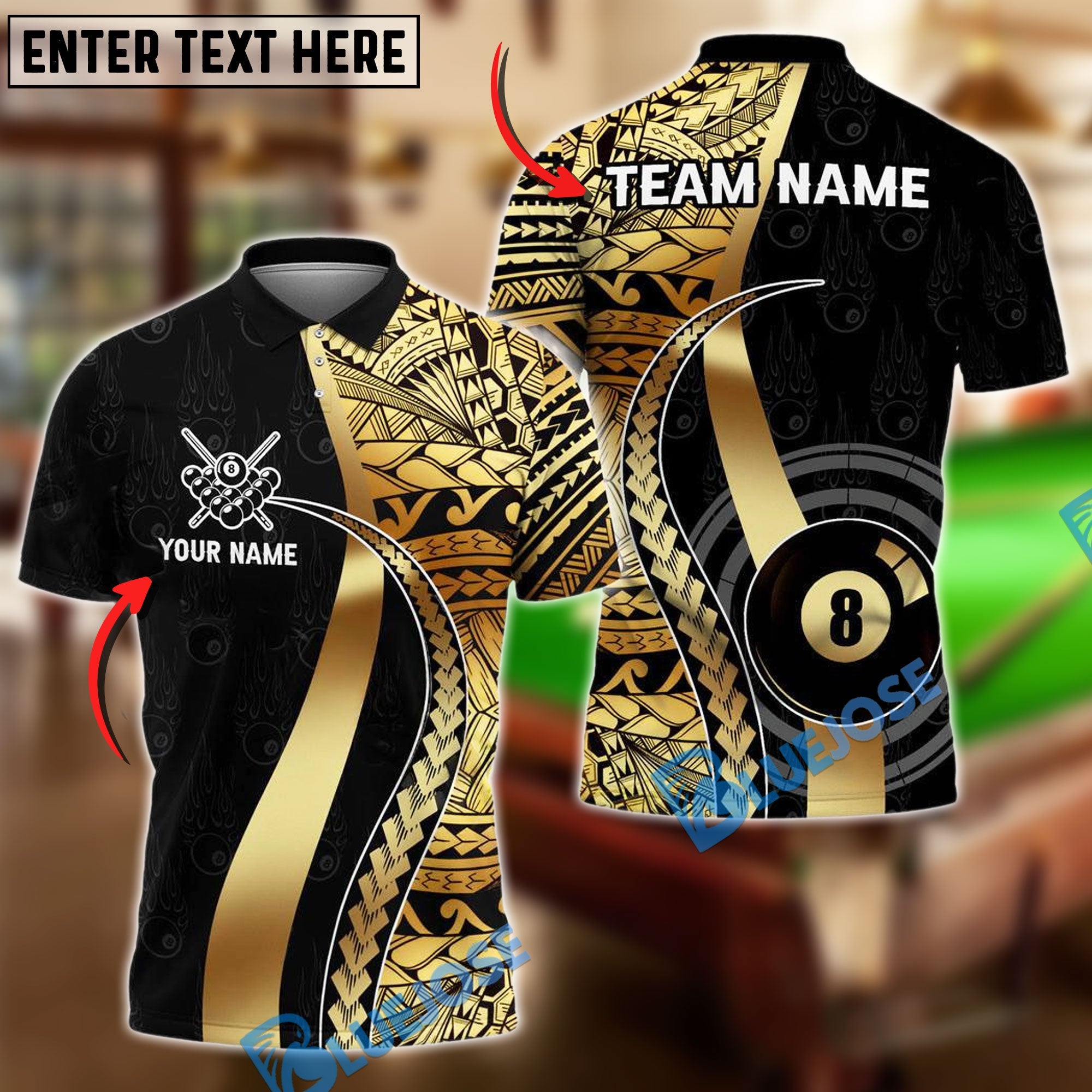 BlueJose Billiards Ball 8 Golden Tribal Personalized Name Shirt (4 Colors)