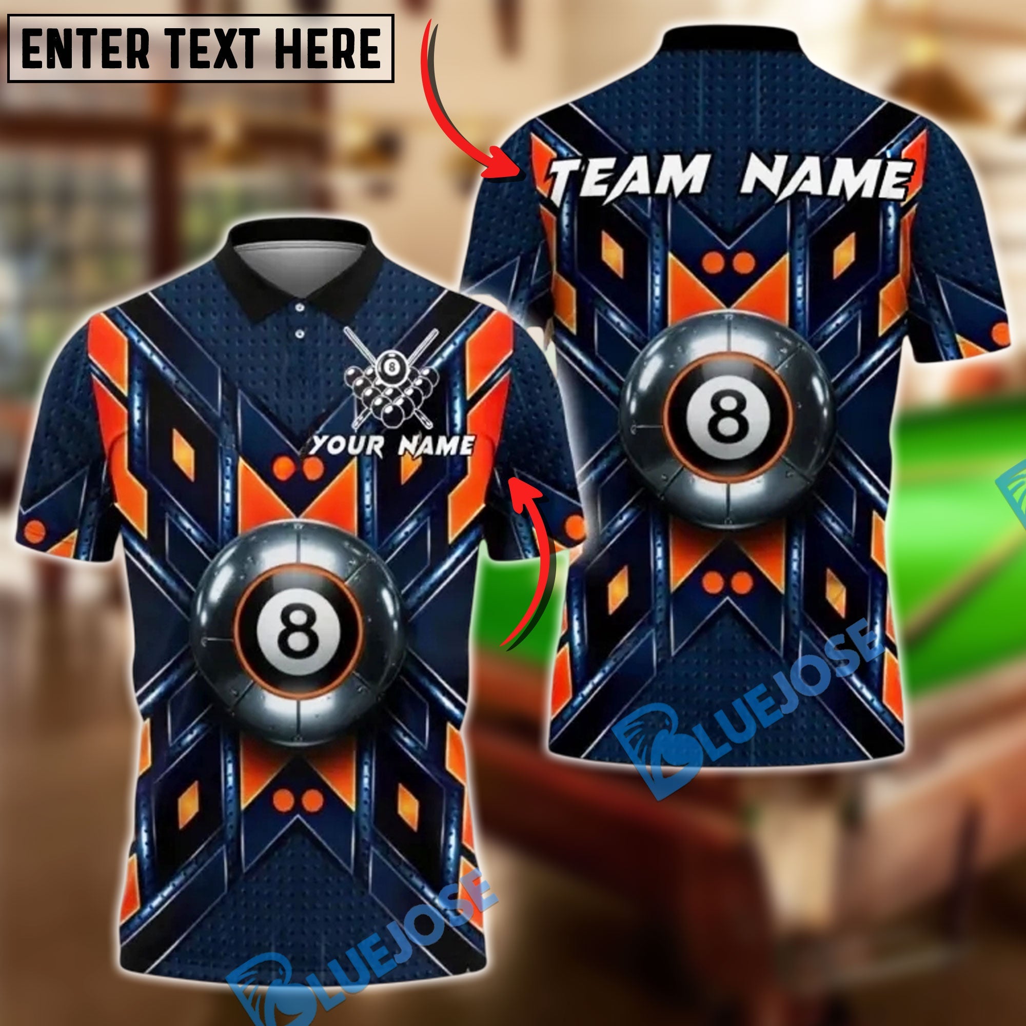 BlueJose Billiards 8 Ball Metal Shield Glow Personalized Name, Team Name Unisex Shirt (4 Colors)